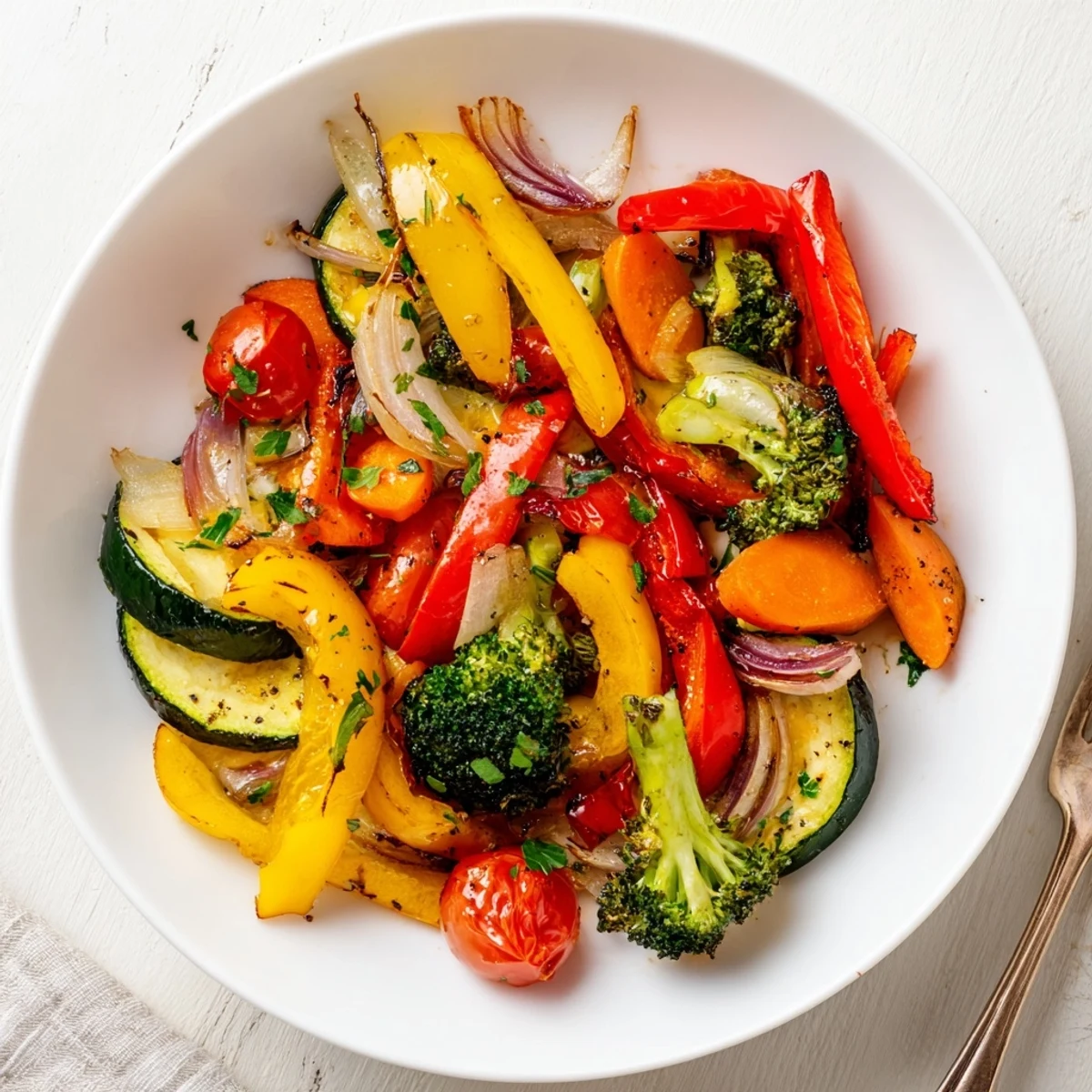 Garlic Infused Olive Oil Sauteed Veggies glistening with herbs, served warm.