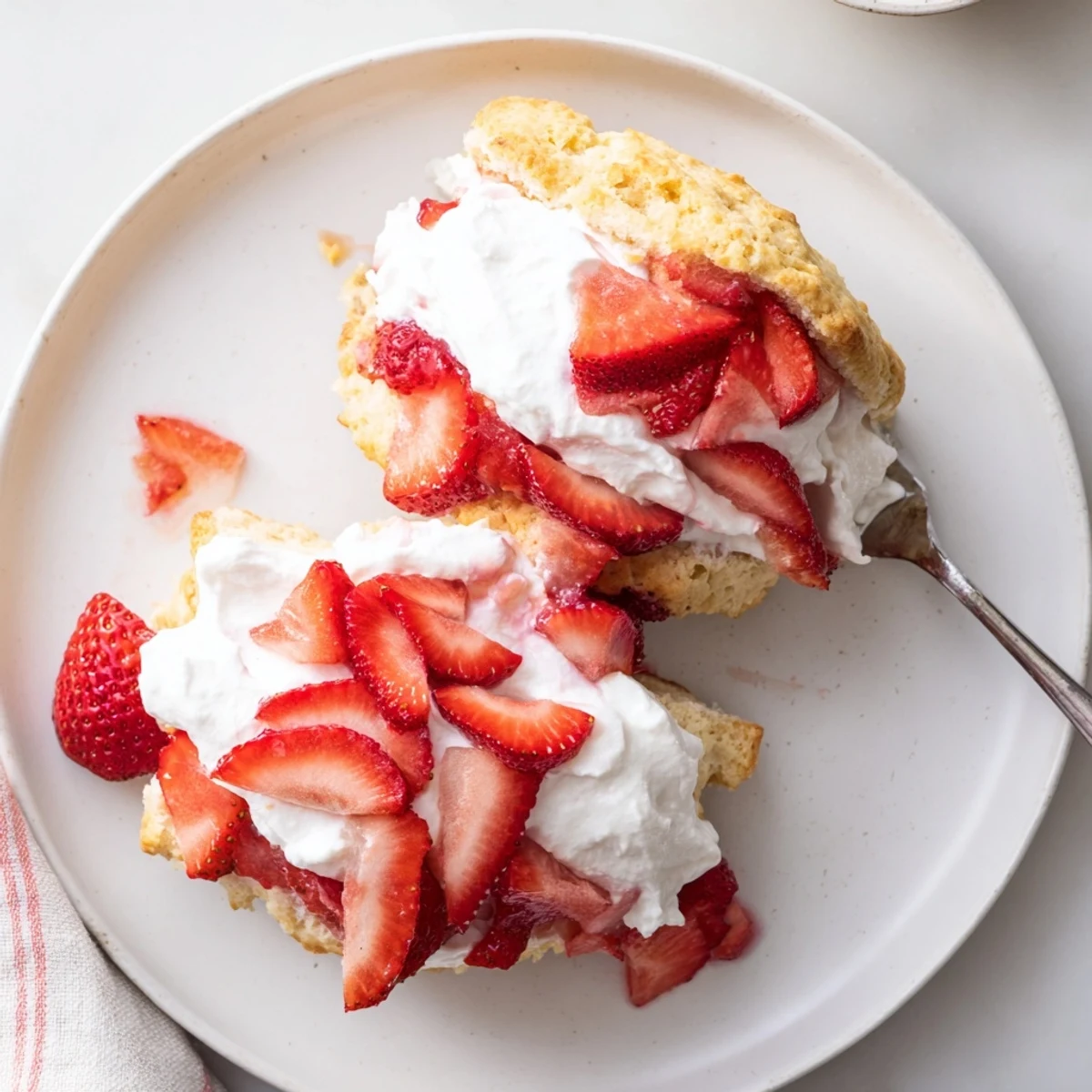 Golden homemade strawberry shortcake stacked with juicy macerated berries and fluffy whipped cream