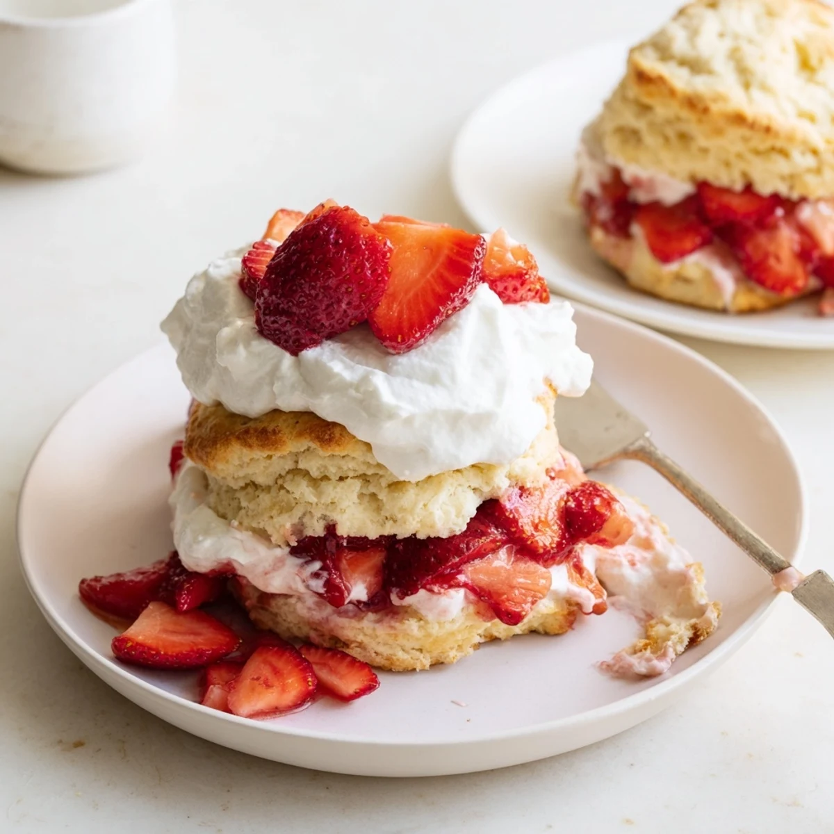 Classic strawberry shortcake dessert featuring fresh red berries and clouds of whipped topping
