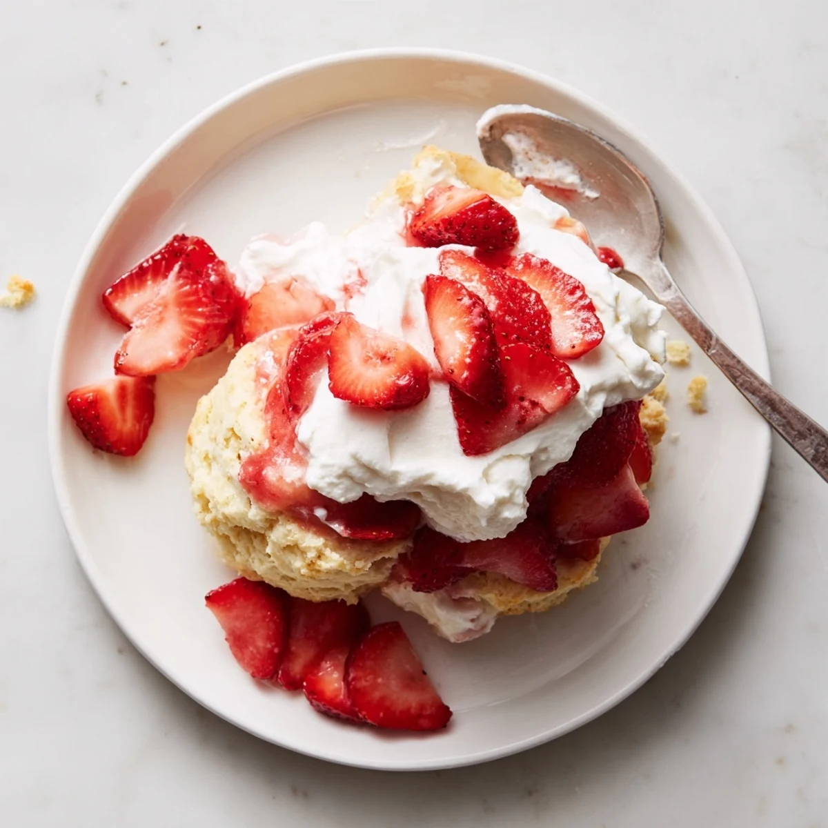 Split biscuit piled with sweet strawberries and vanilla cream on a white plate