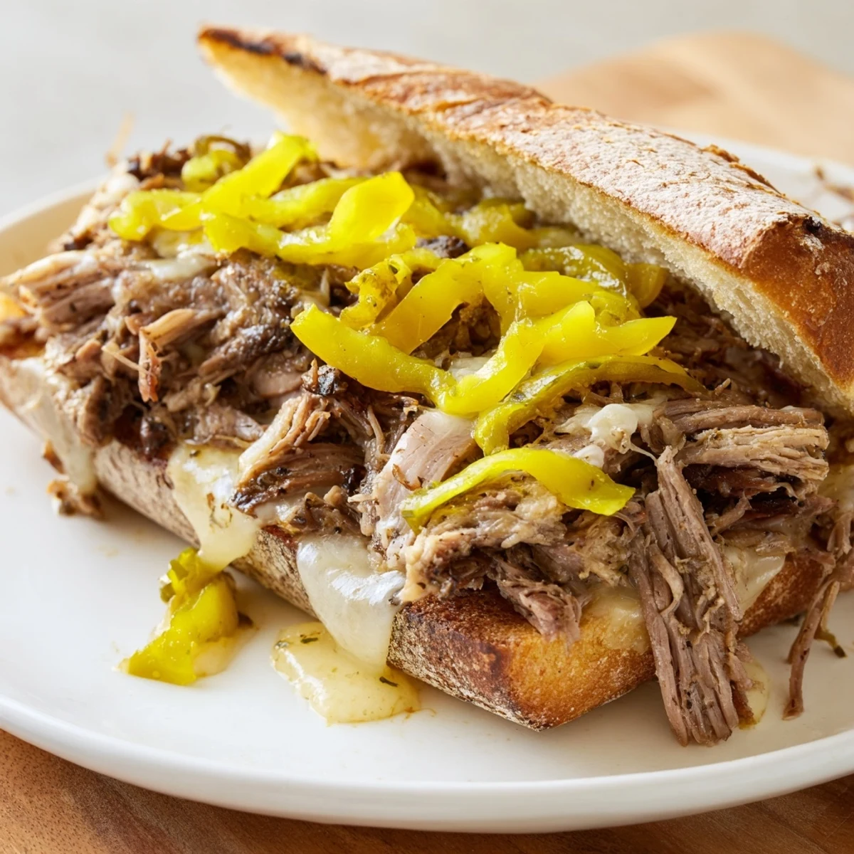 Slow cooker Italian roast beef sandwiches piled high on toasted rolls with melted provolone cheese and tangy pepperoncini