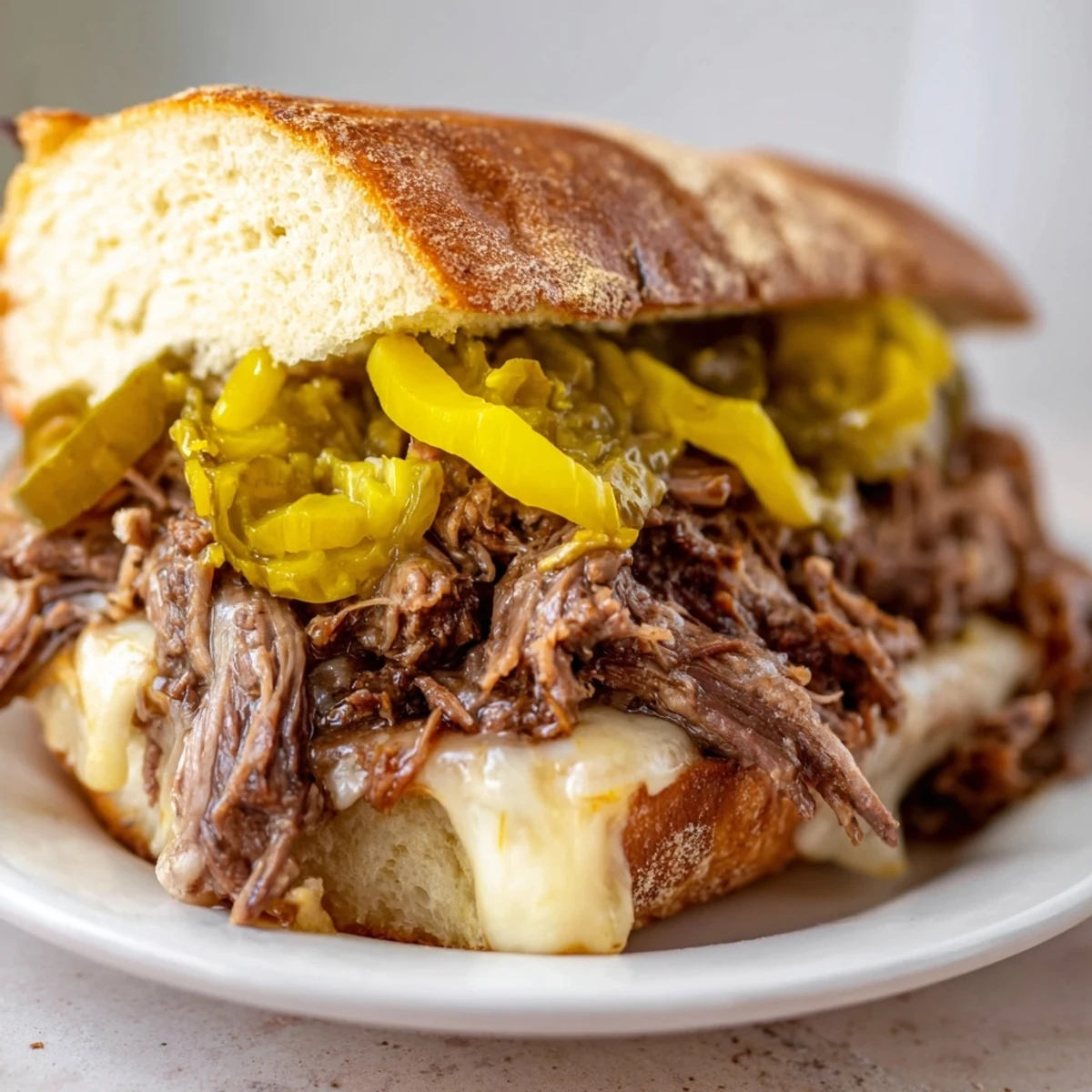 Tender shredded beef from the slow cooker stacked onto crusty Italian rolls with gooey cheese and pickled peppers