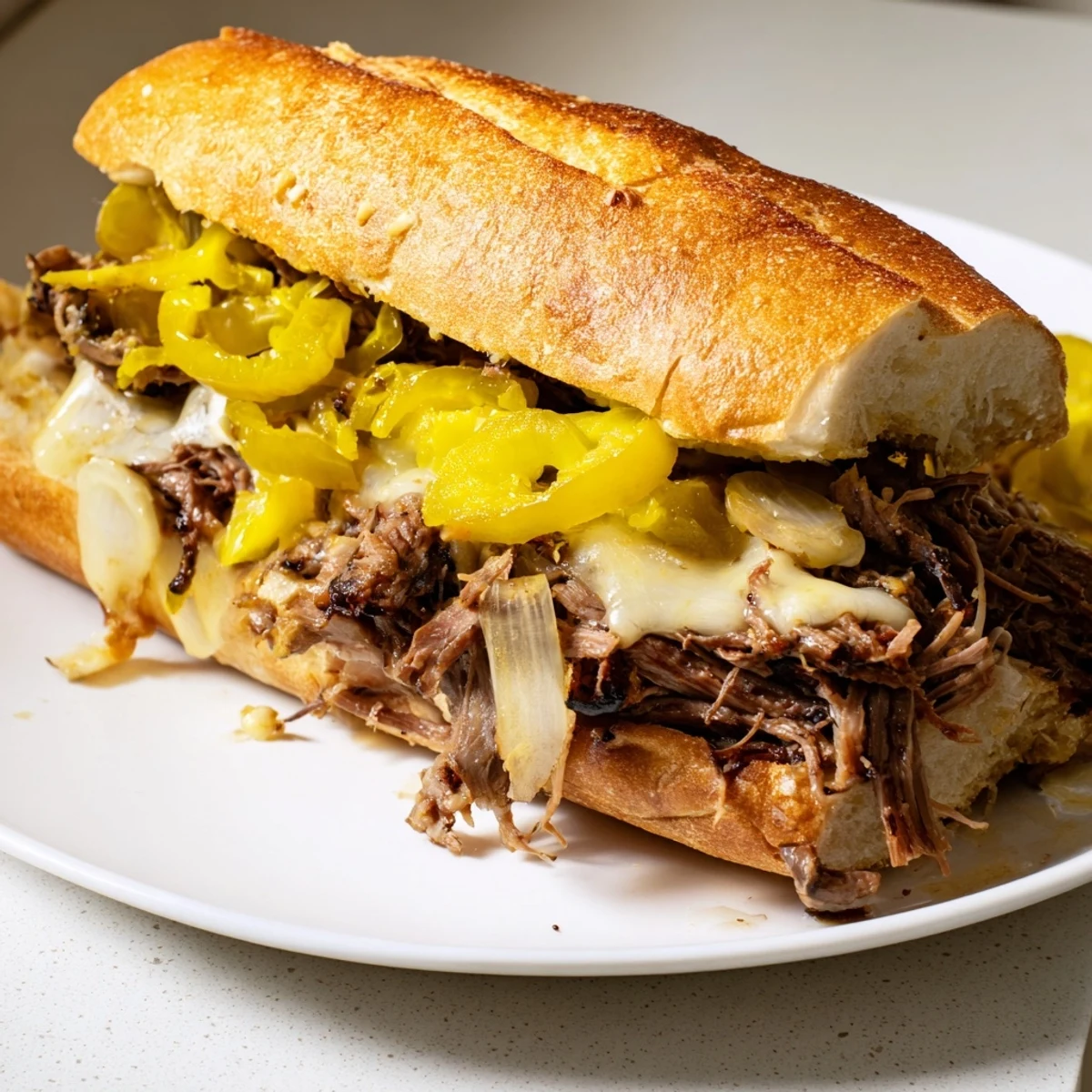 Golden Italian sandwich rolls loaded with savory slow-cooked roast beef, provolone slices, and zesty pepperoncini garnish