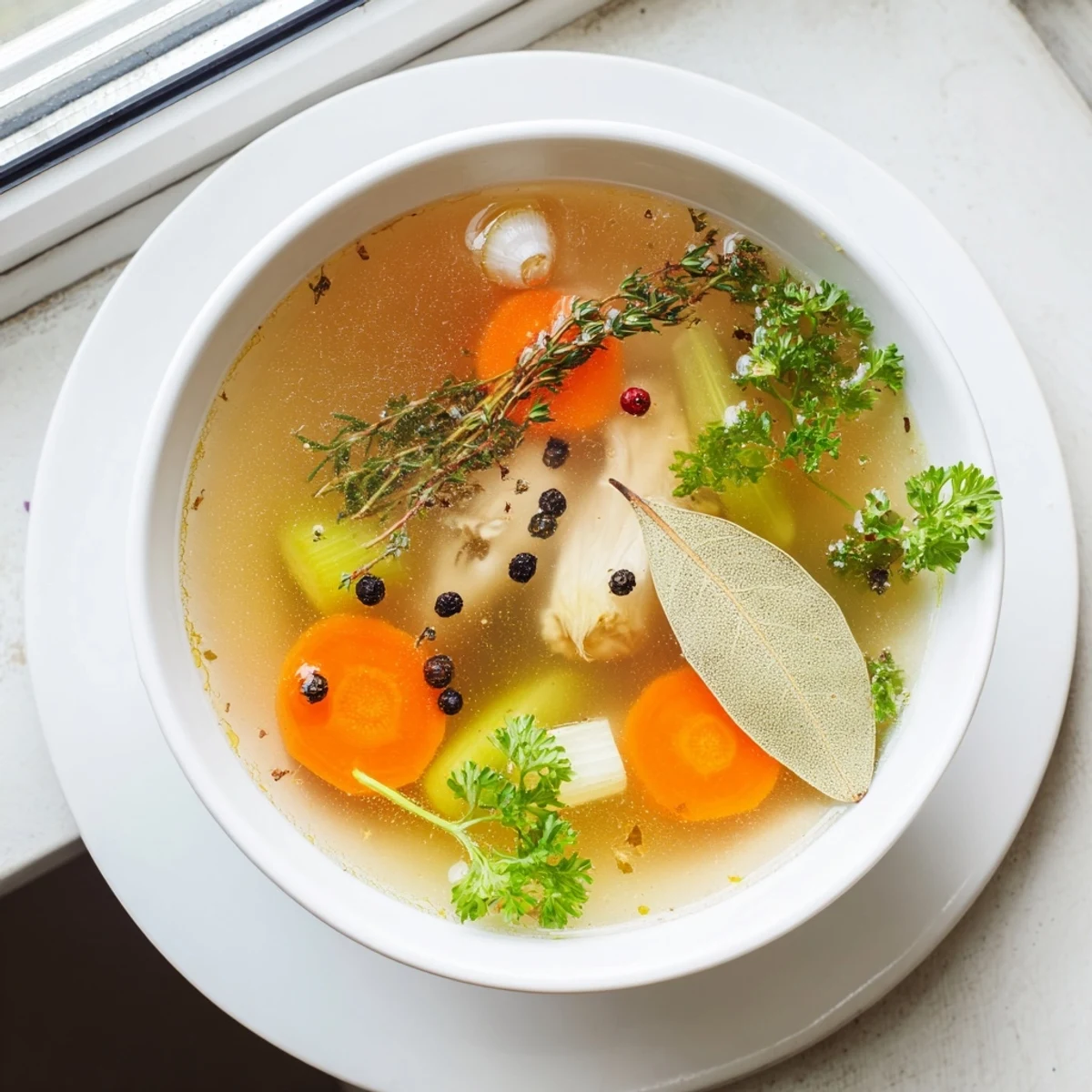 Golden homemade chicken bone broth slow cooker simmering with vegetables and aromatic herbs in a large ceramic pot