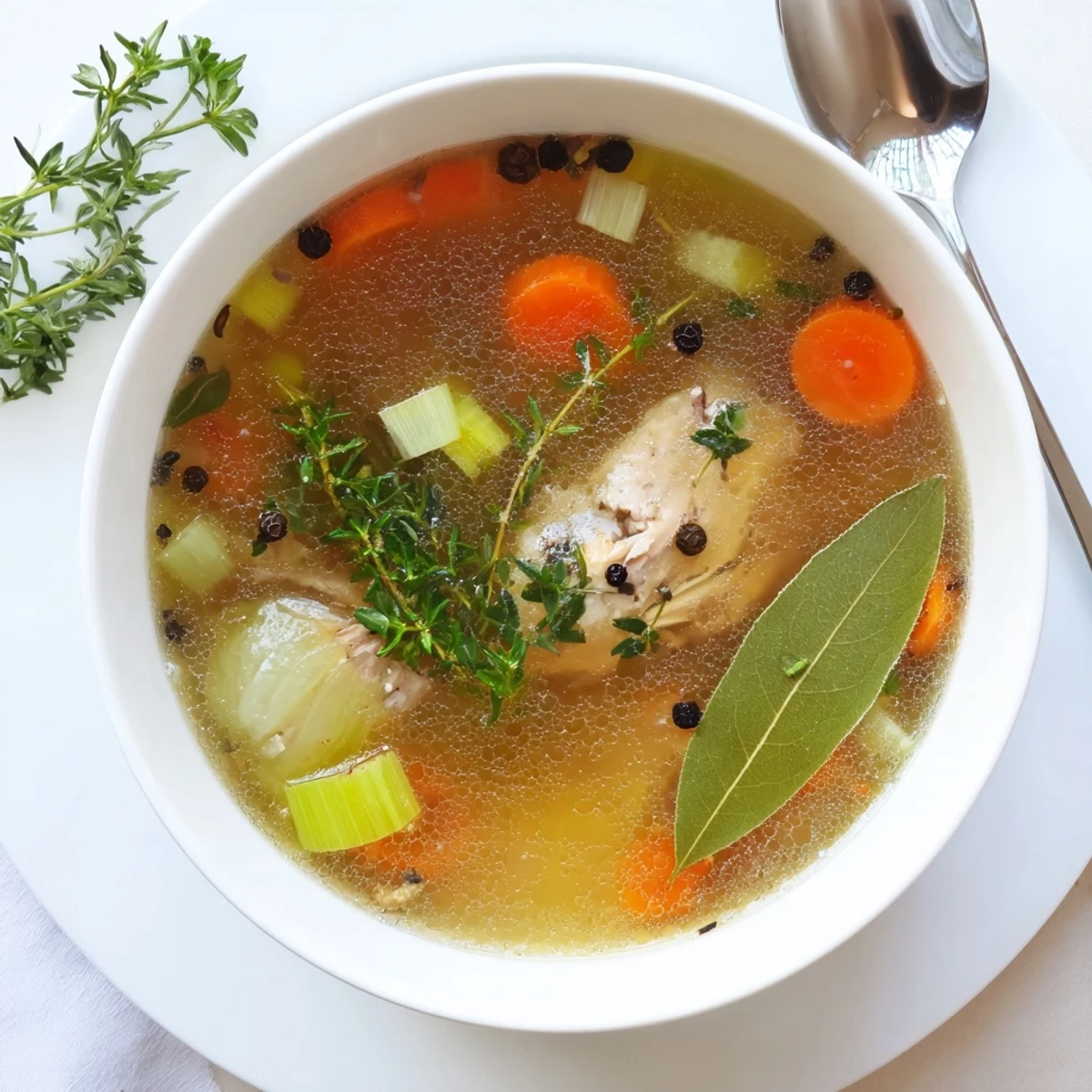 Steaming bowl of homemade chicken bone broth slow cooker displaying rich golden liquid with fresh parsley garnish