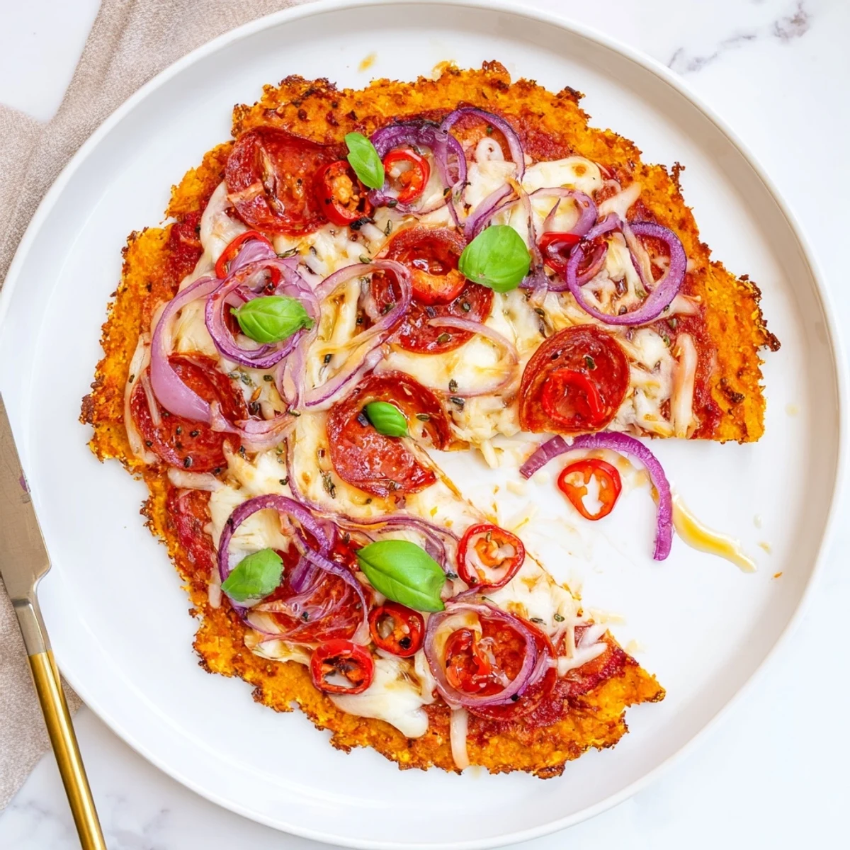 Golden pepperoni hot honey pizza with sweet potato crust featuring bubbling mozzarella and spicy drizzle