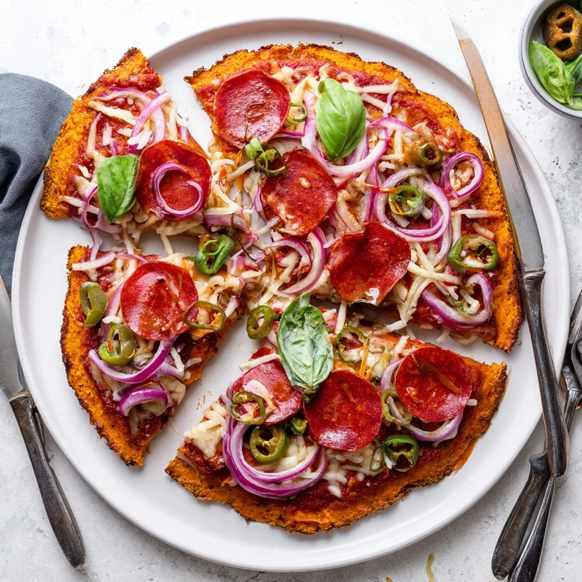 Gluten-free sweet potato crust pizza topped with pepperoni slices and finished with sweet spicy honey glaze