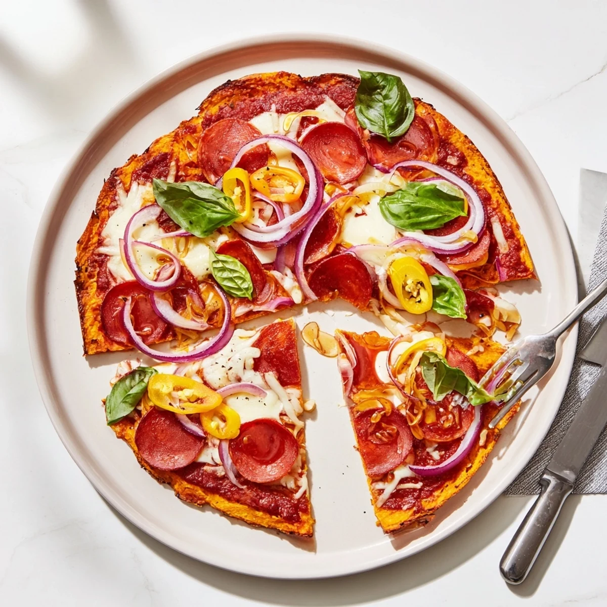 Sliced pepperoni hot honey pizza on orange sweet potato base with melted cheese and red onion