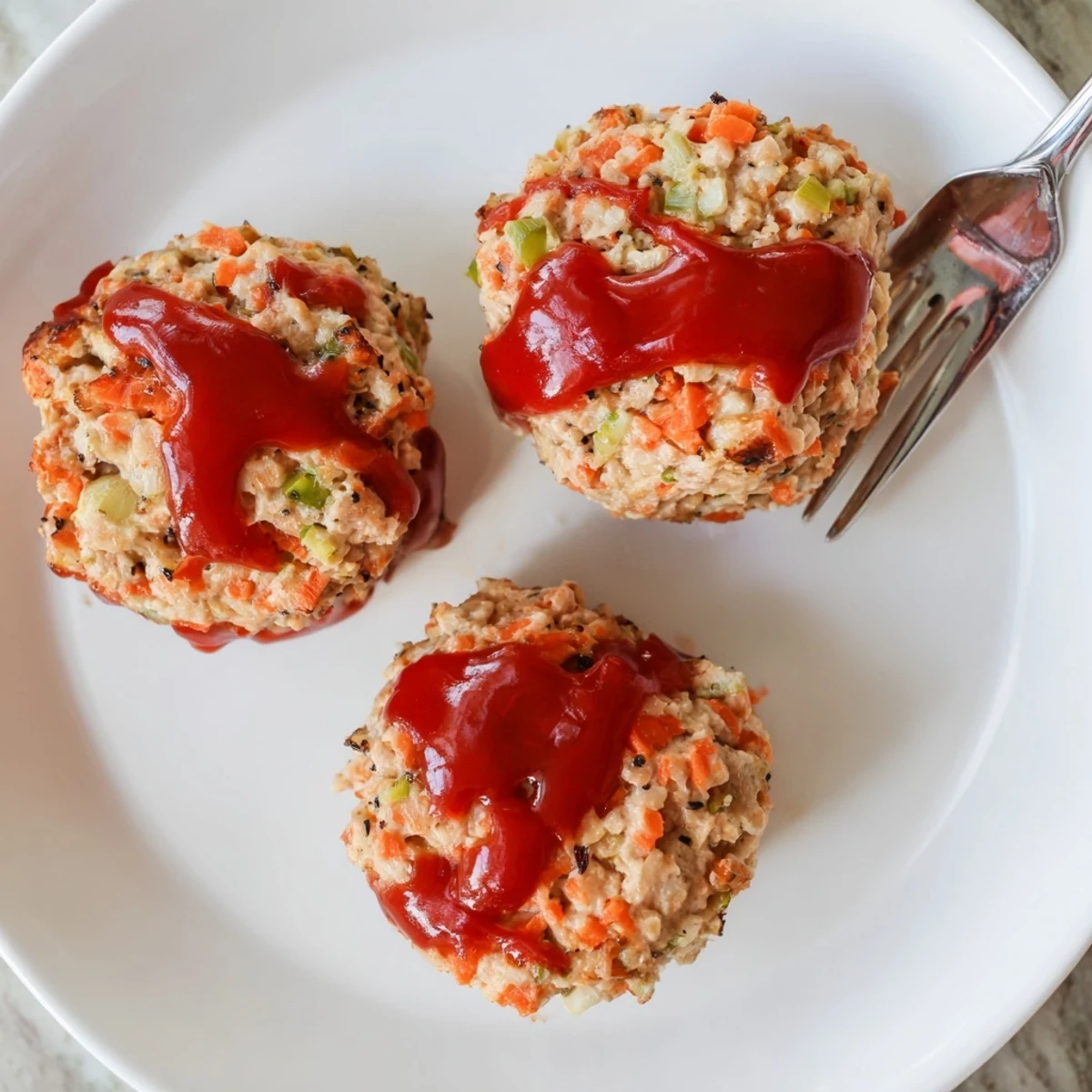 Golden brown turkey meatloaf muffins topped with glossy ketchup glaze in a muffin tin