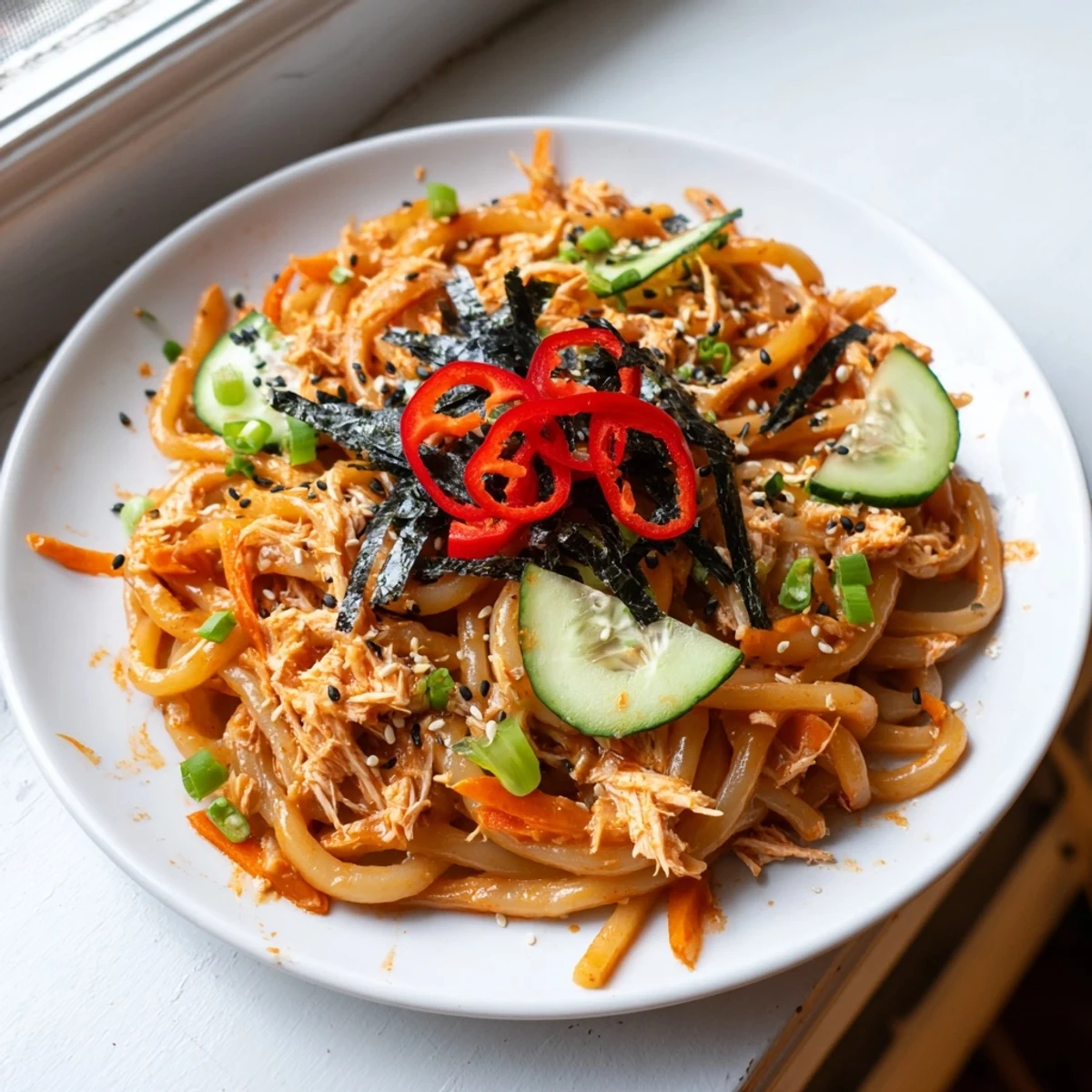 Spicy Tuna Udon bowl with thick noodles coated in sriracha mayo sauce and topped with sesame seeds