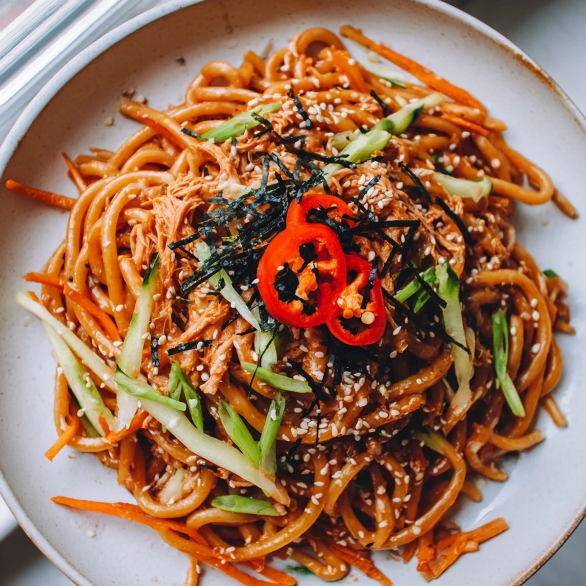 Japanese-inspired Spicy Tuna Udon featuring tender noodles tossed with flaked tuna and fresh julienned vegetables