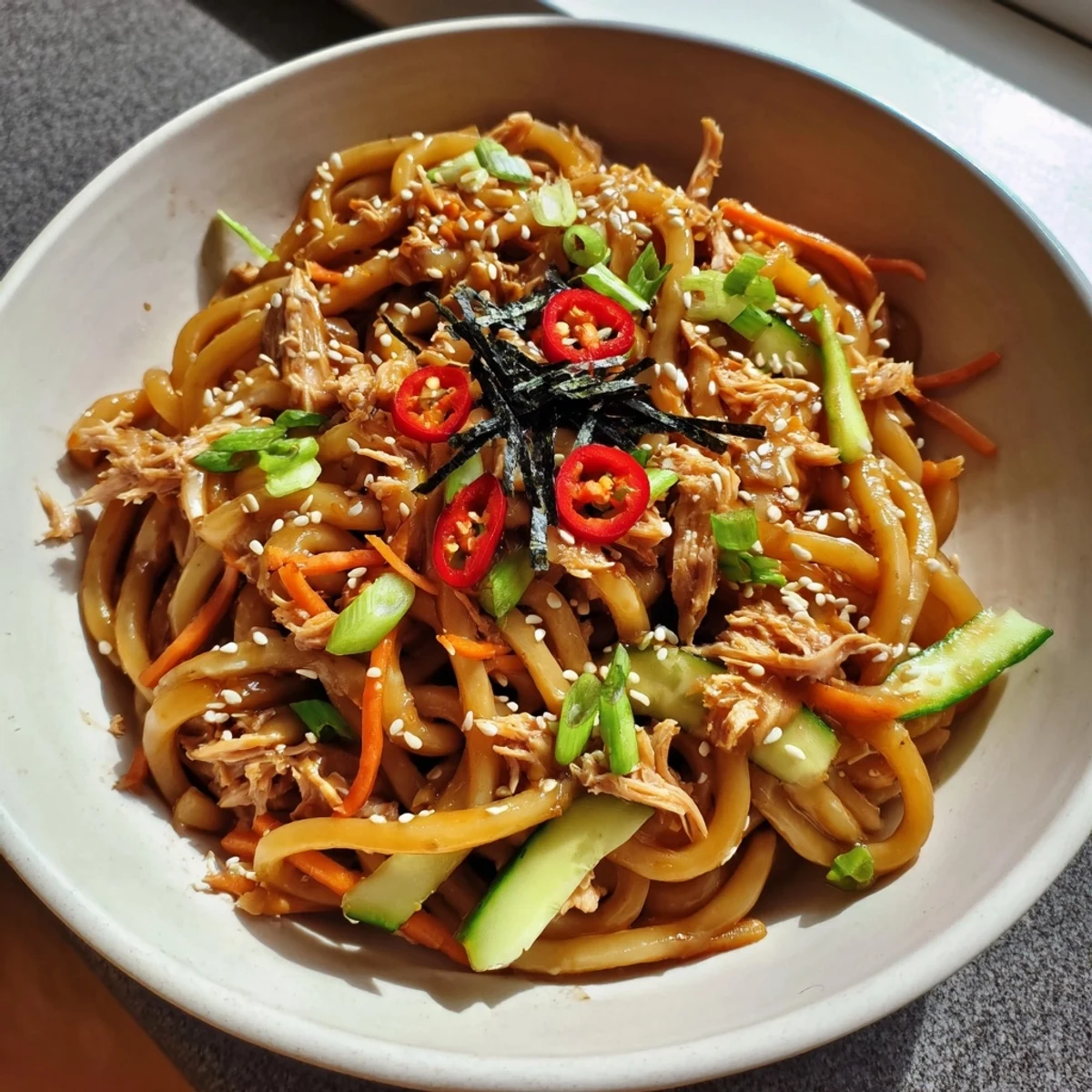 Steaming bowl of Spicy Tuna Udon garnished with nori strips, cucumber, and a drizzle of spicy sesame sauce