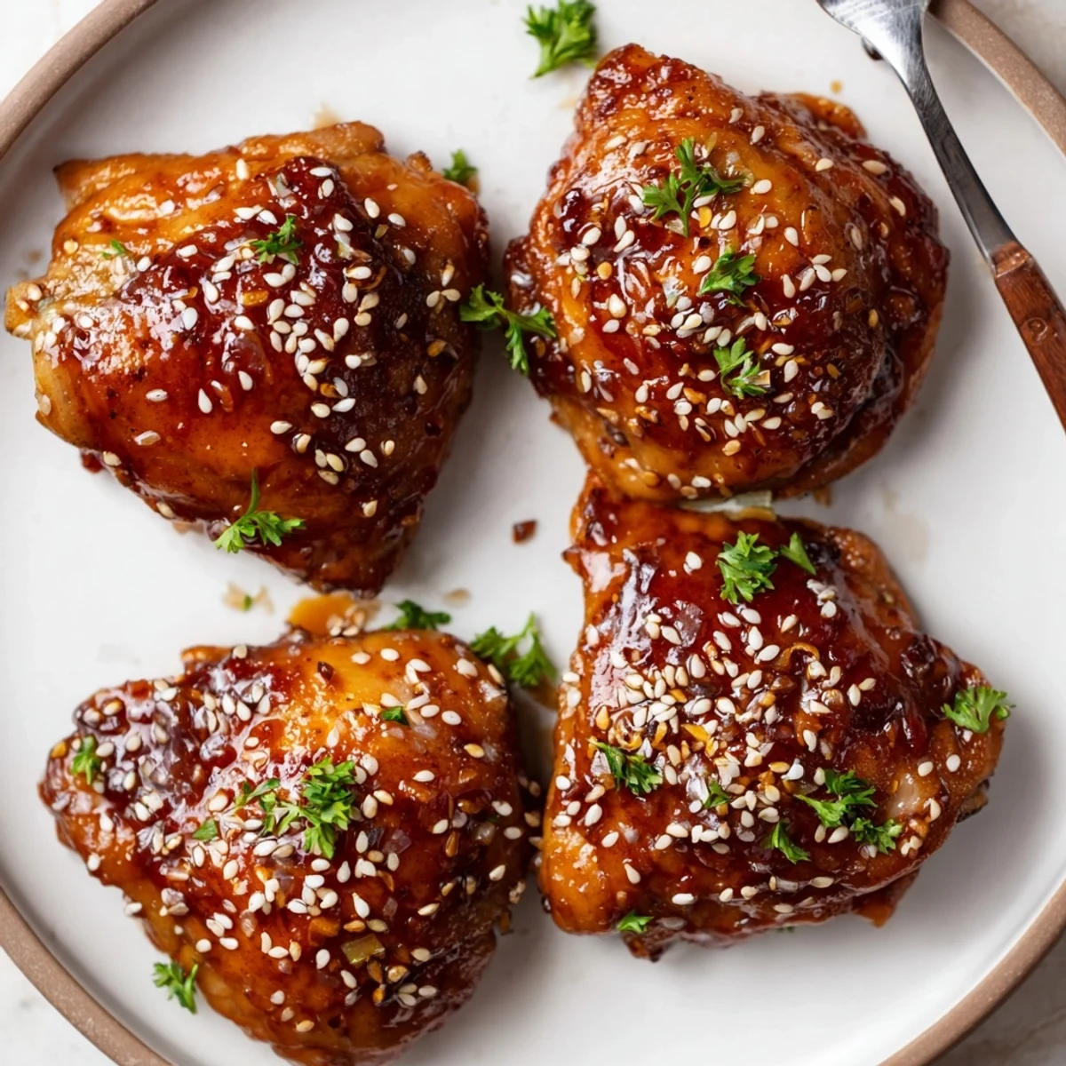 Crockpot Honey Garlic Chicken glistening in thick sauce over steamed rice