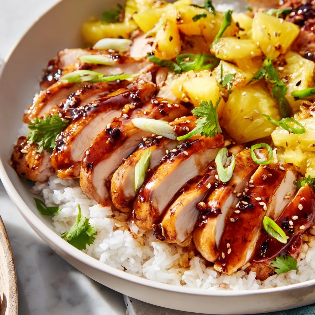 Hawaiian Chicken With Coconut Rice plated with juicy caramelized chicken and pineapple