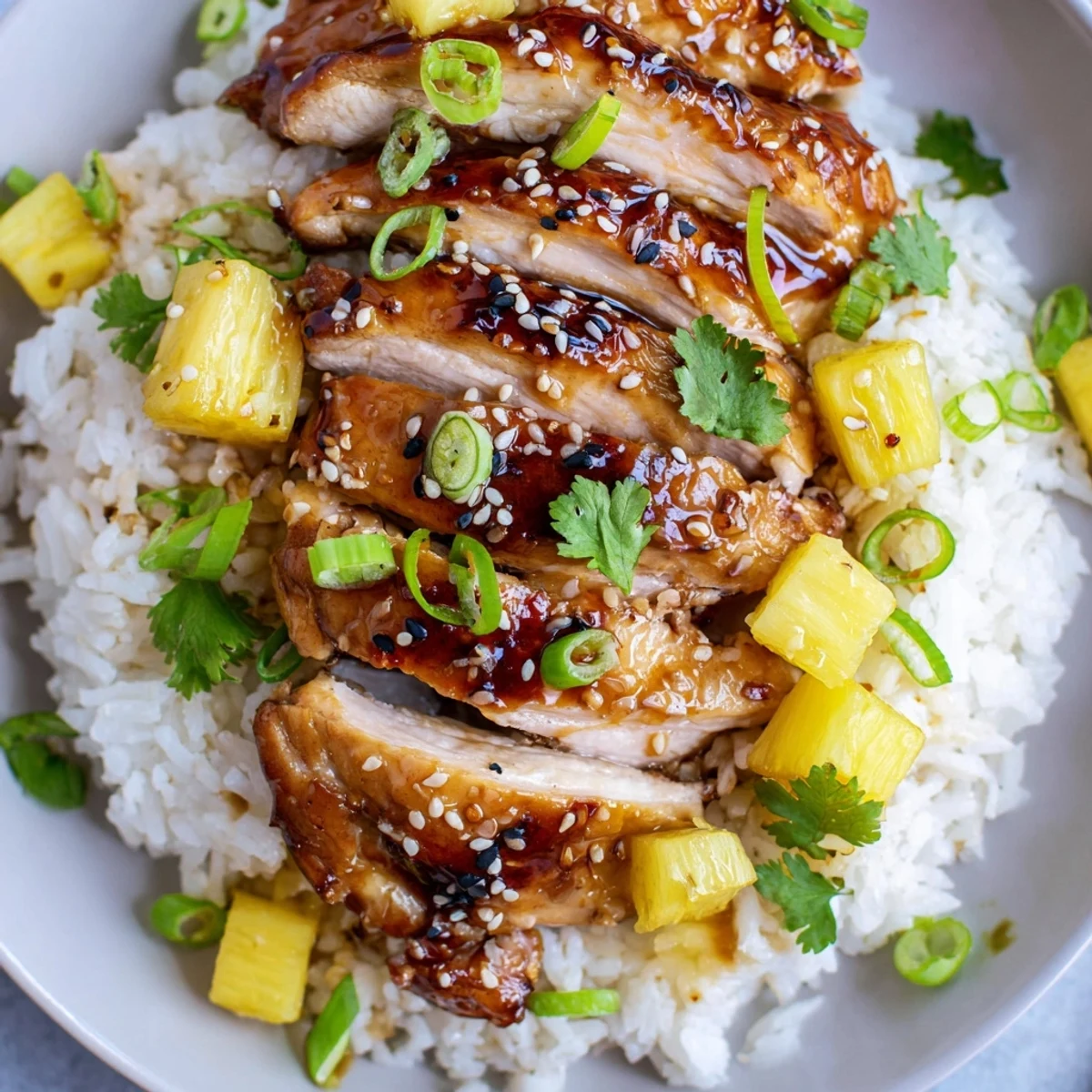 Grilled Hawaiian Chicken With Coconut Rice resting on fragrant, fluffy coconut jasmine rice