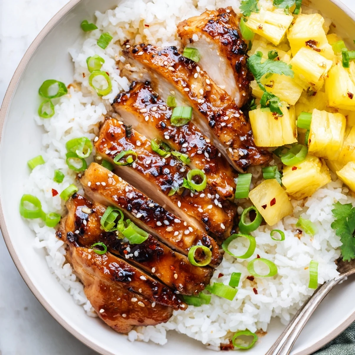 Bright Hawaiian Chicken With Coconut Rice garnished with diced pineapple, scallions, toasted sesame