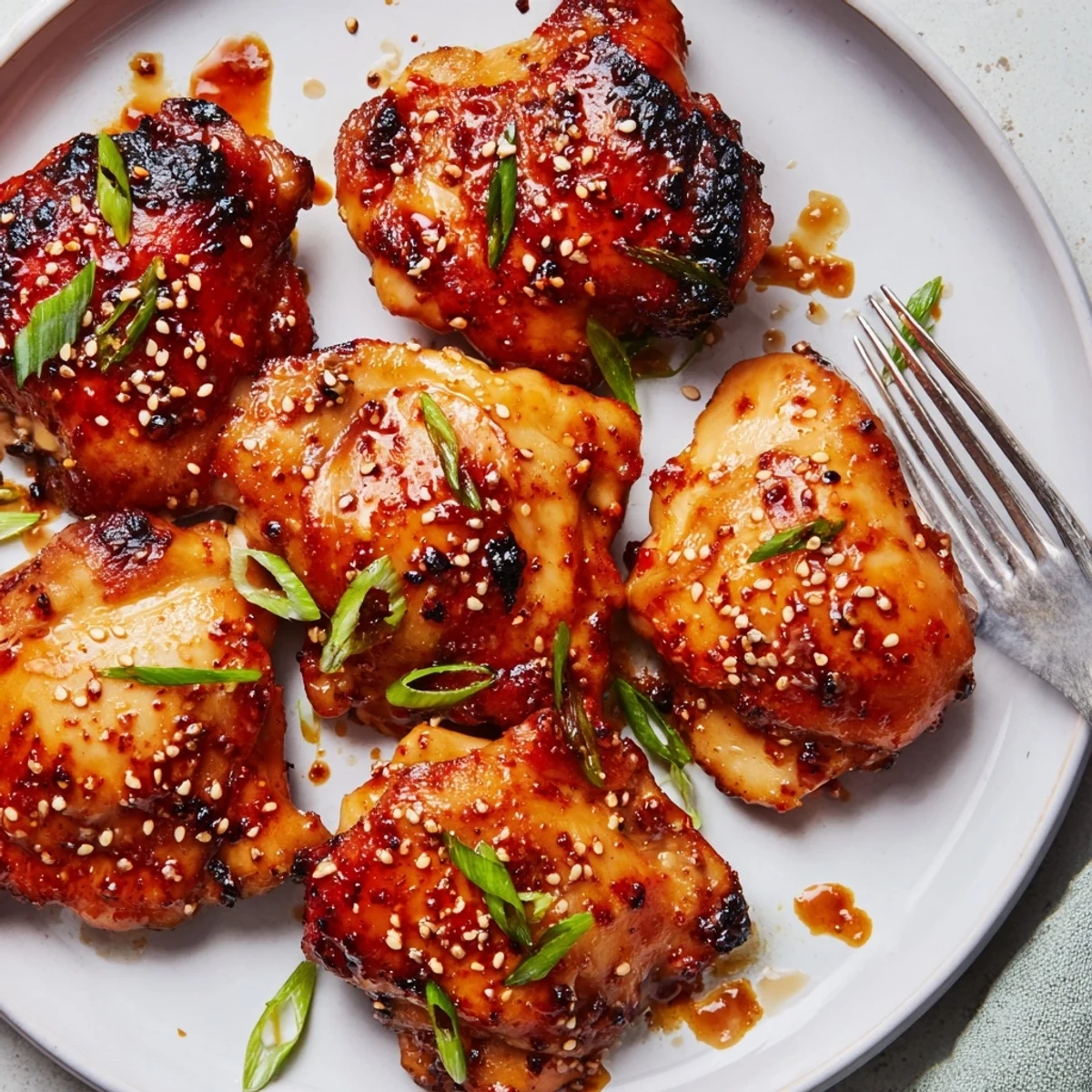 Juicy Korean Chicken Thighs glistening with caramelized glaze, served over rice.