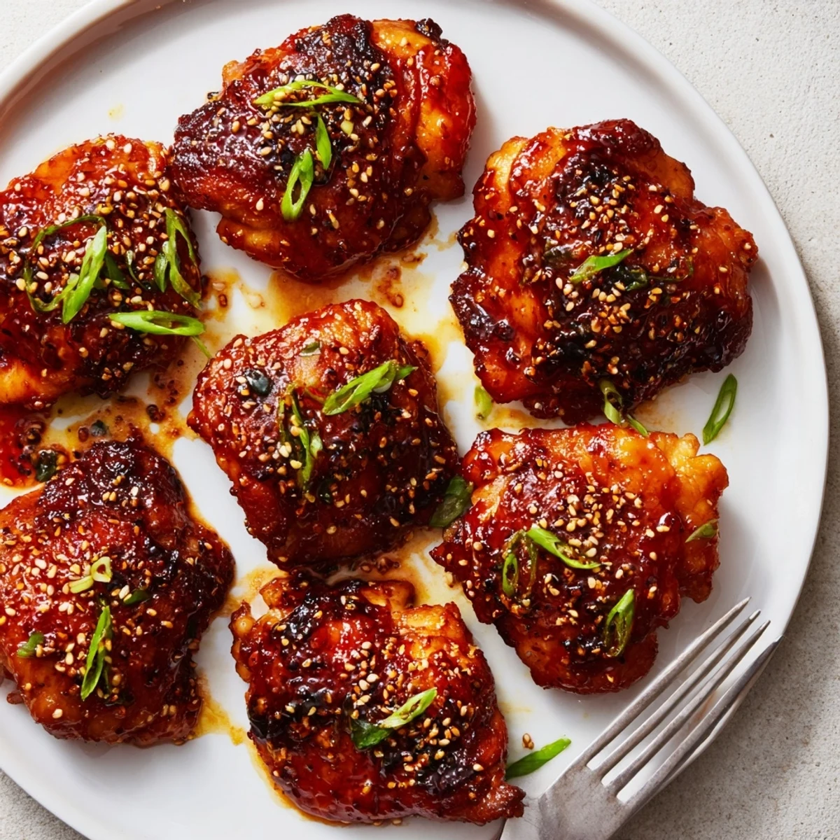 Oven-roasted Juicy Korean Chicken Thighs topped with toasted sesame and scallions.
