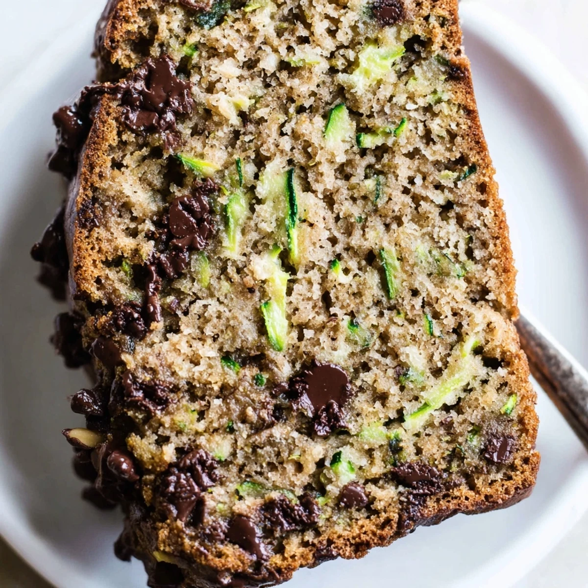 Sliced Zucchini Banana Bread on rack, moist interior, cinnamon aroma