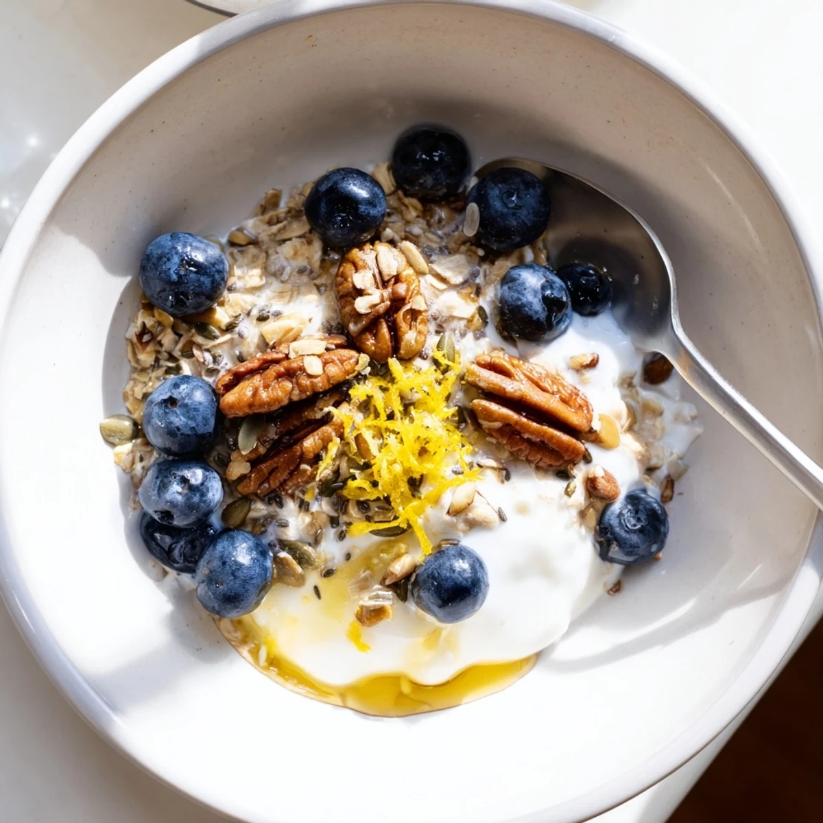 Creamy Blueberry Lemon Overnight Oats, lemon zest brightening chilled breakfast jars