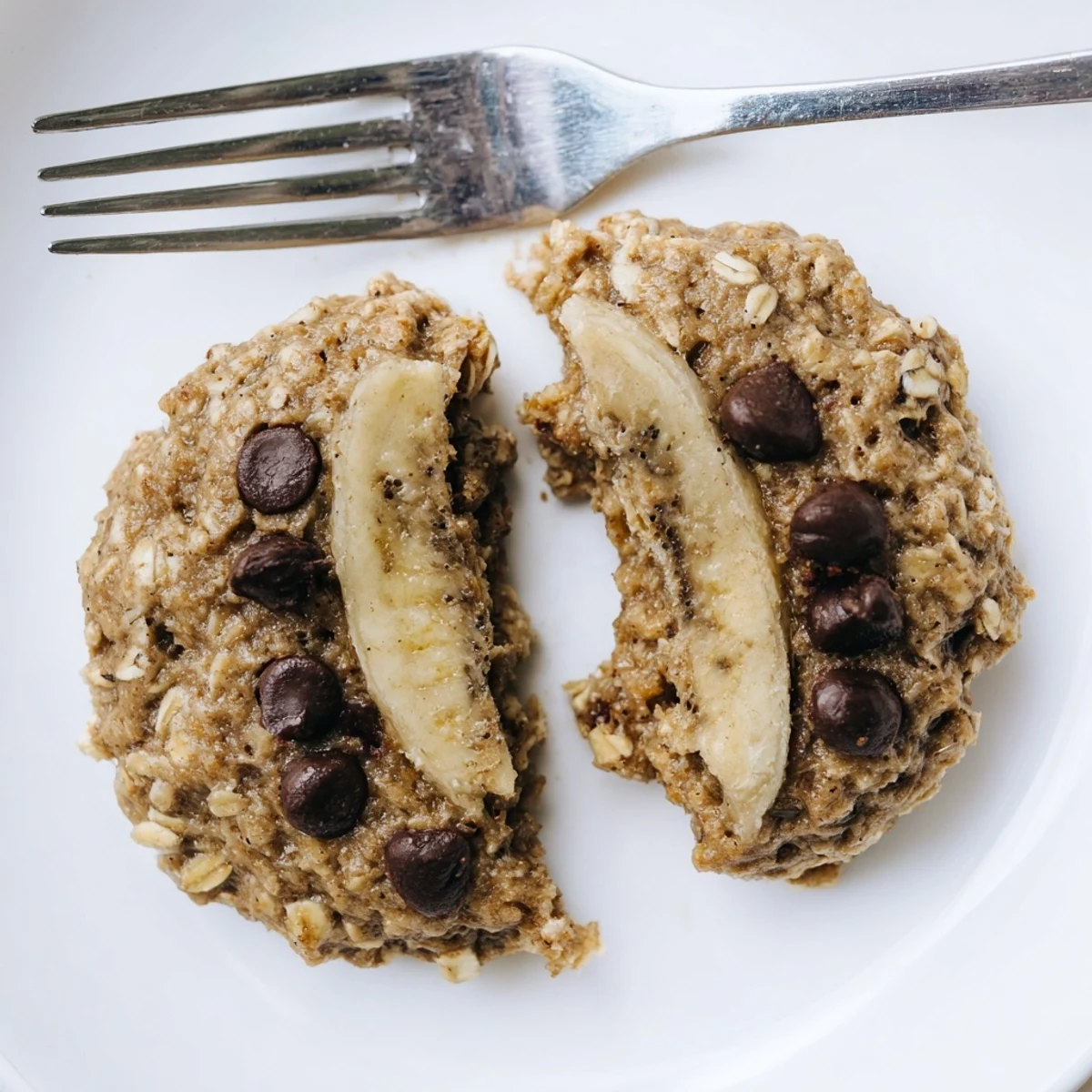 Stack of Banana Oat Cookies served with coffee, studded with chocolate chips