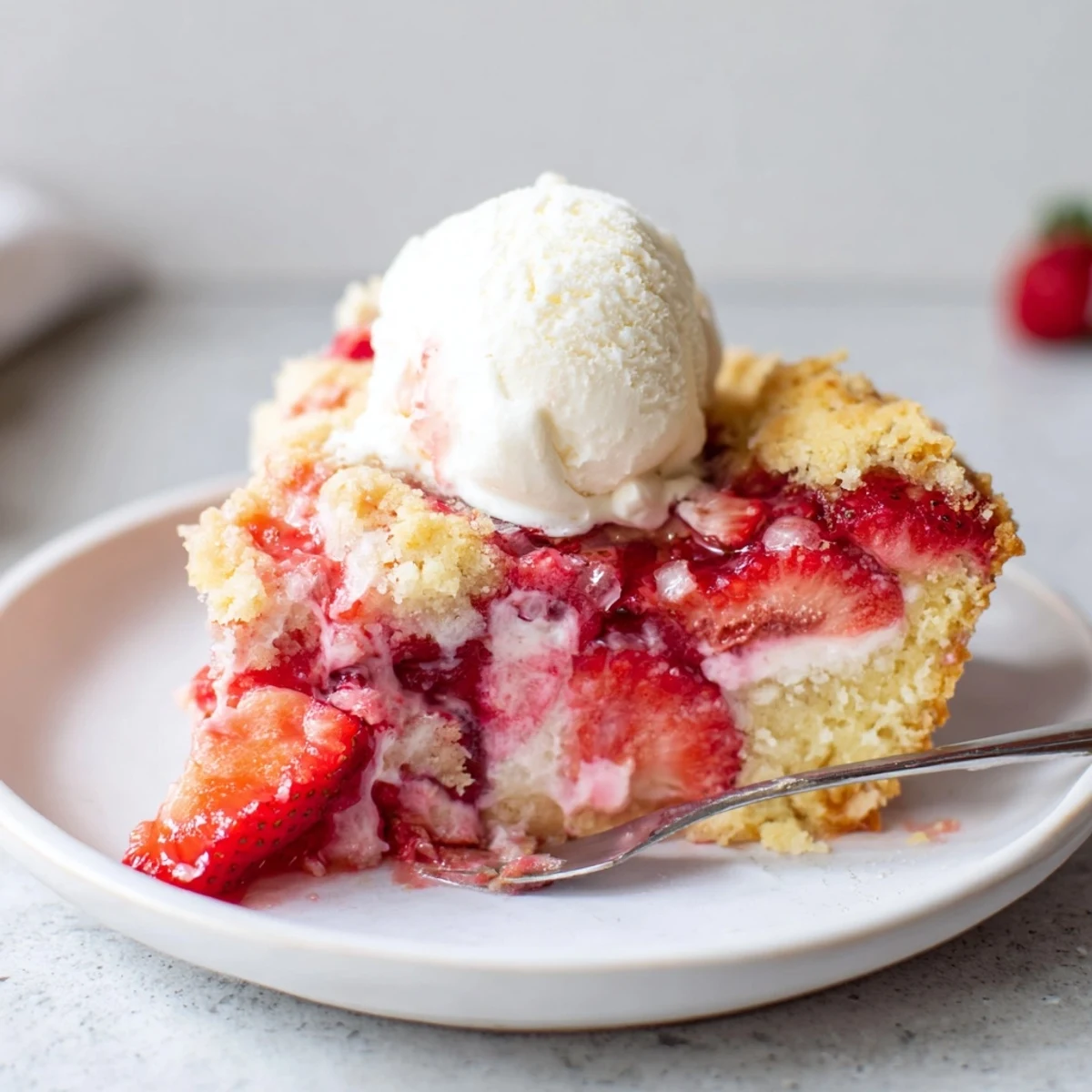 Warm Strawberry Cheesecake Dump Cake bubbling with glossy strawberries, golden crust