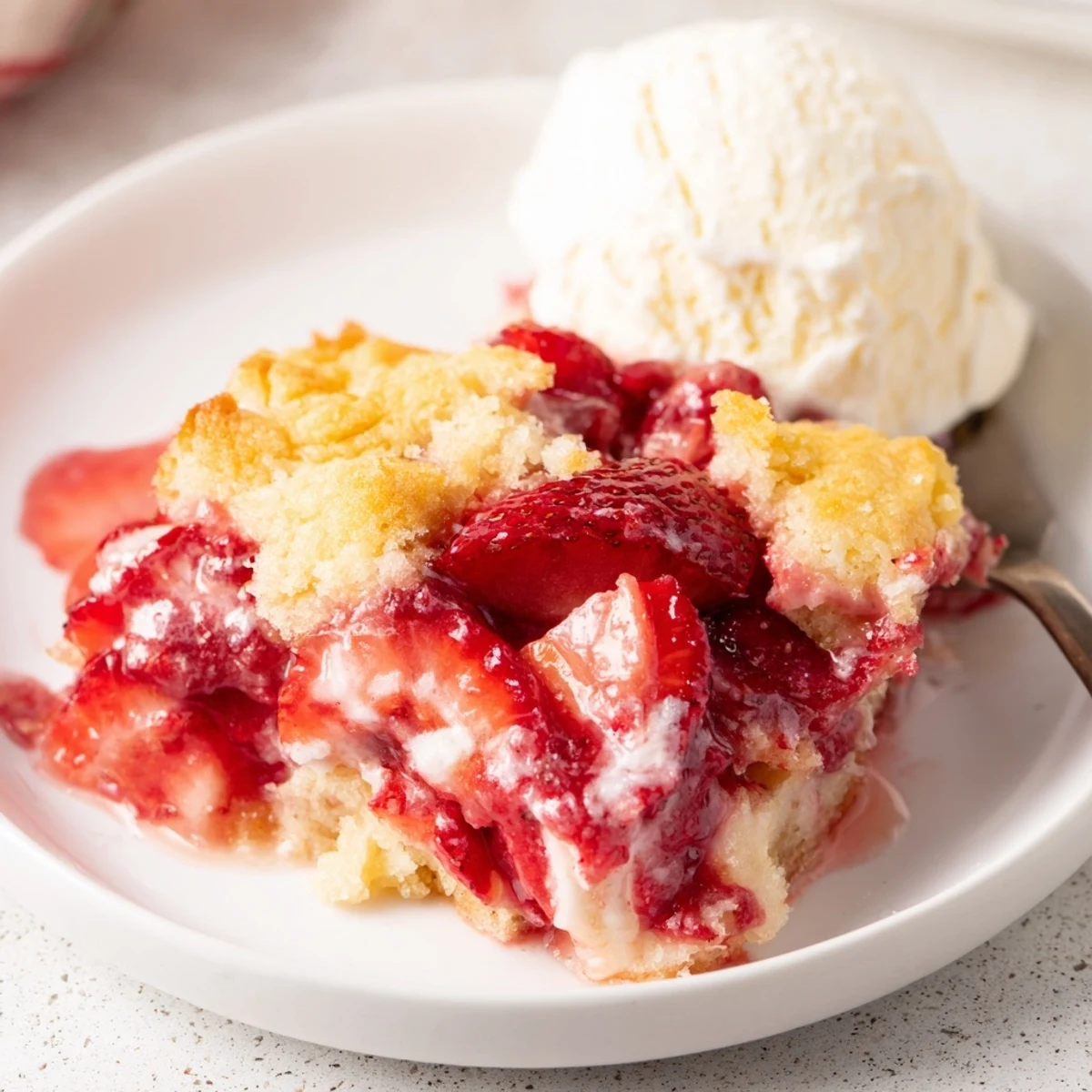 Sliced Strawberry Cheesecake Dump Cake served warm with melting vanilla ice cream