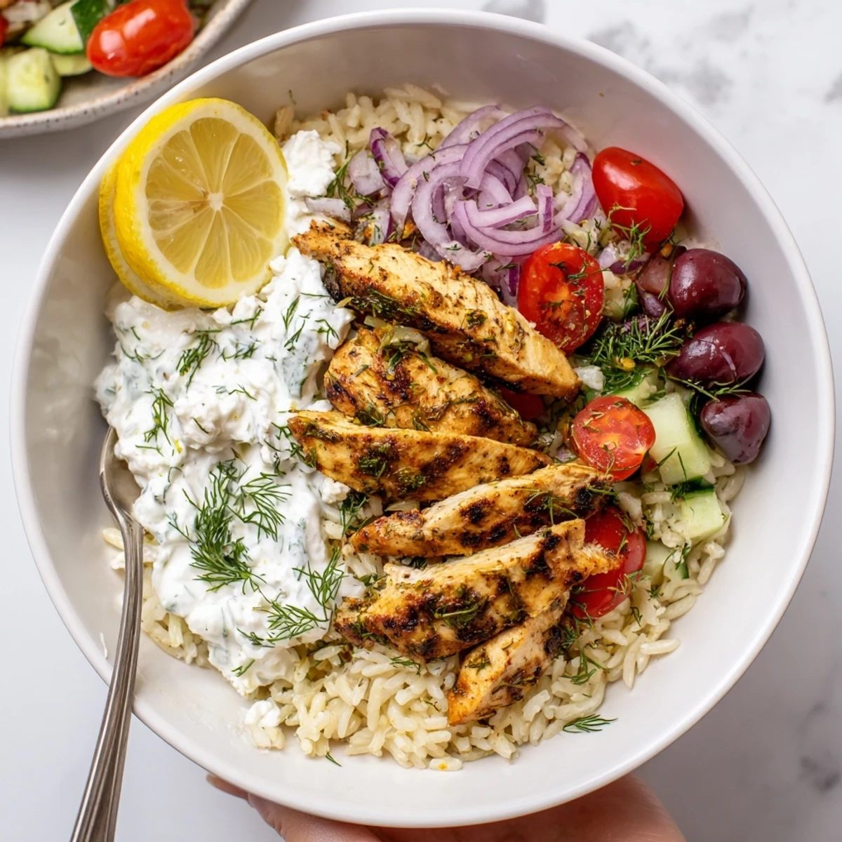 Greek Chicken Bowls with juicy grilled chicken, tangy tzatziki, vibrant veggies