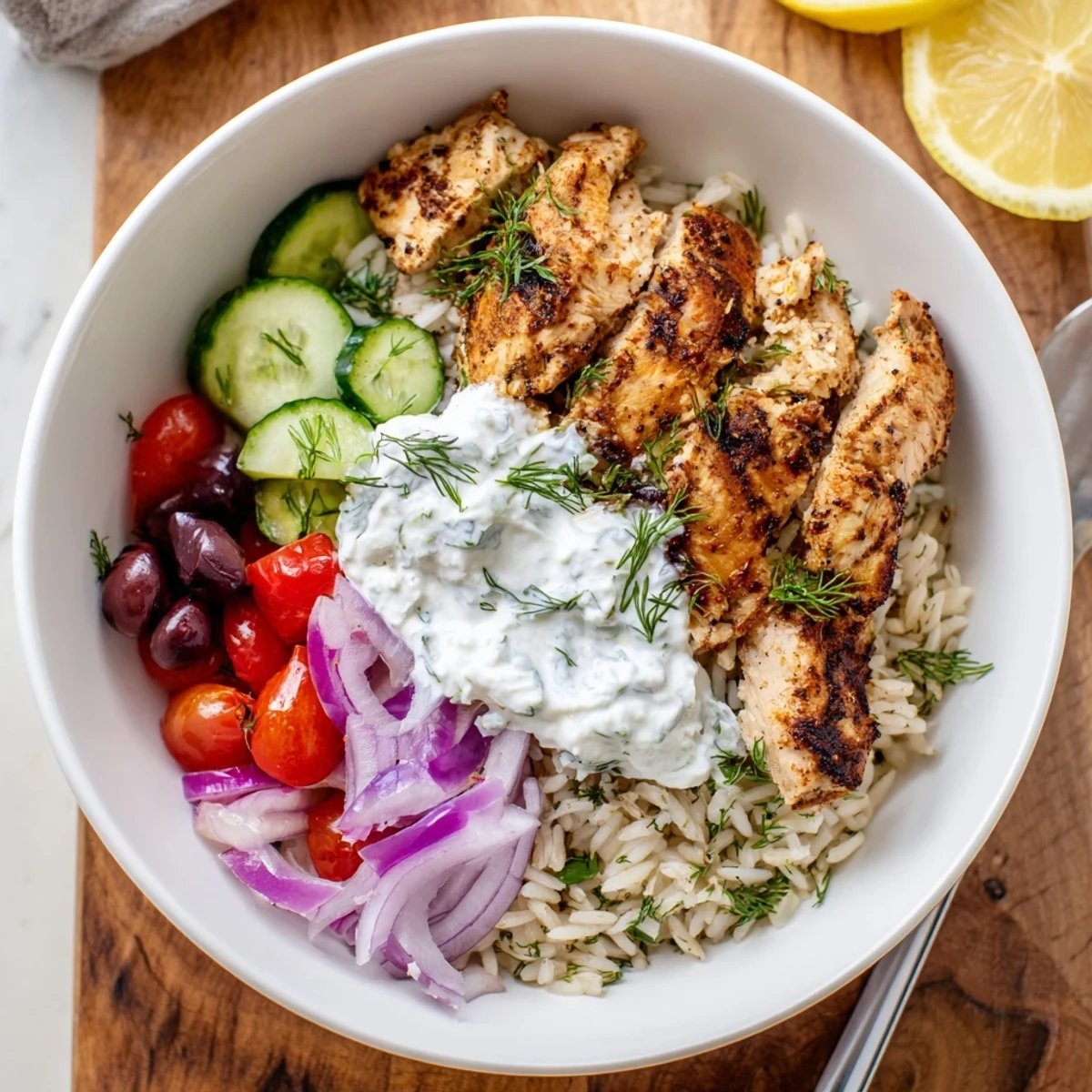 Warm Greek Chicken Bowls over herbed rice, crumbled feta, lemon wedge