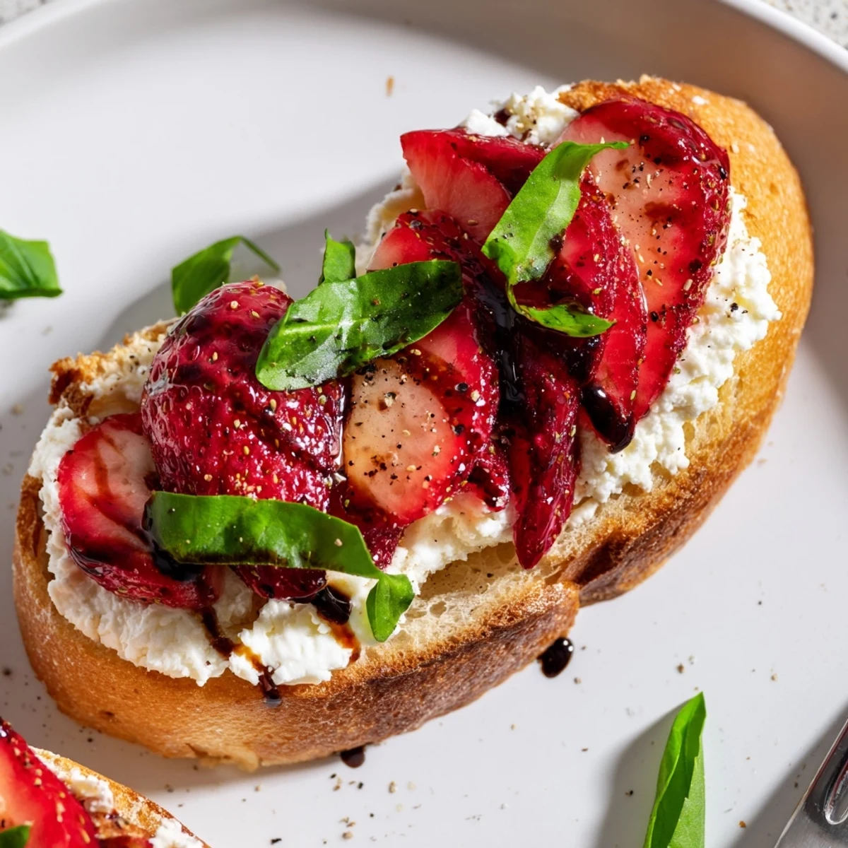 Strawberry Ricotta Bruschetta on toasted baguette, drizzled with balsamic glaze.
