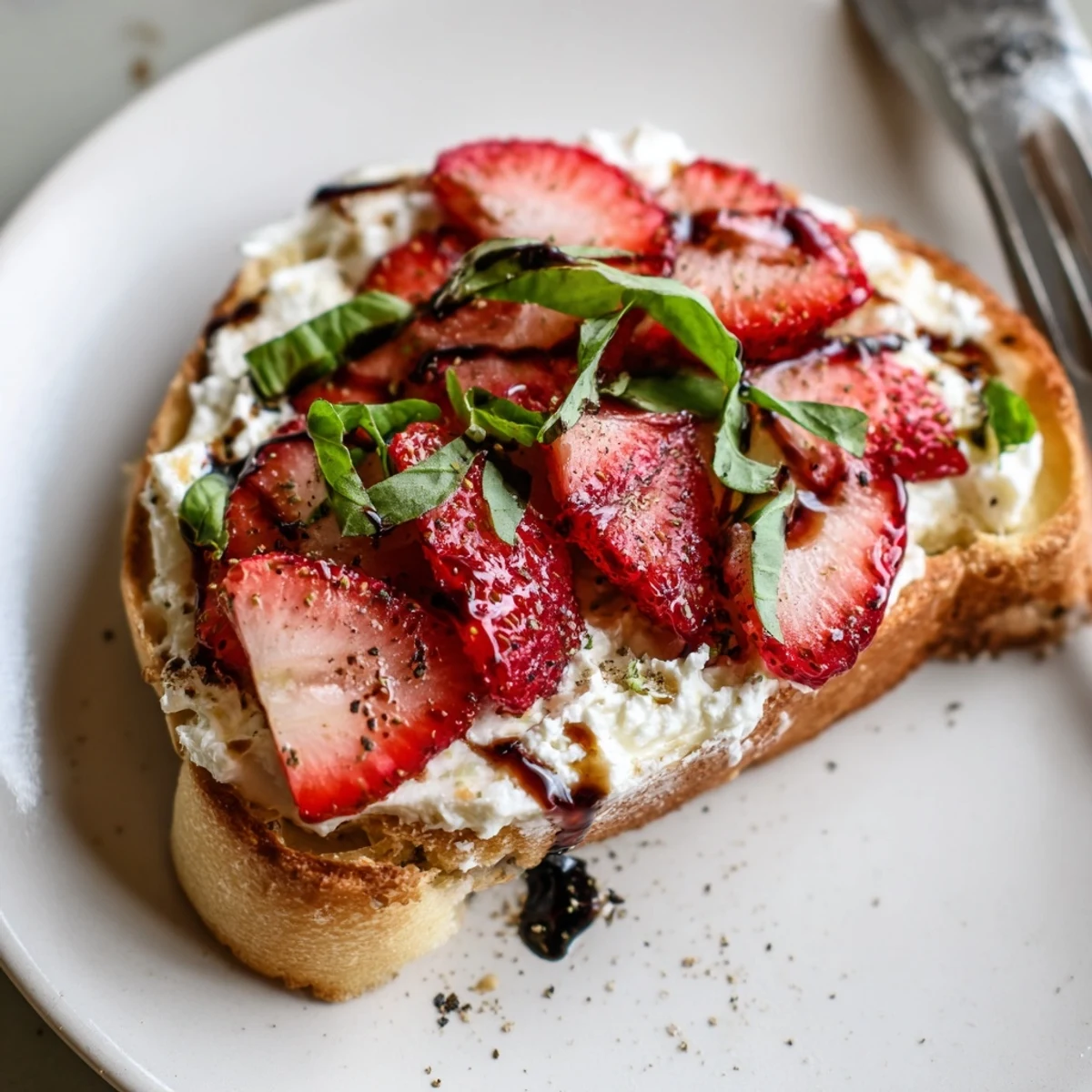 Warm Strawberry Ricotta Bruschetta with creamy ricotta, sliced berries, fresh basil.