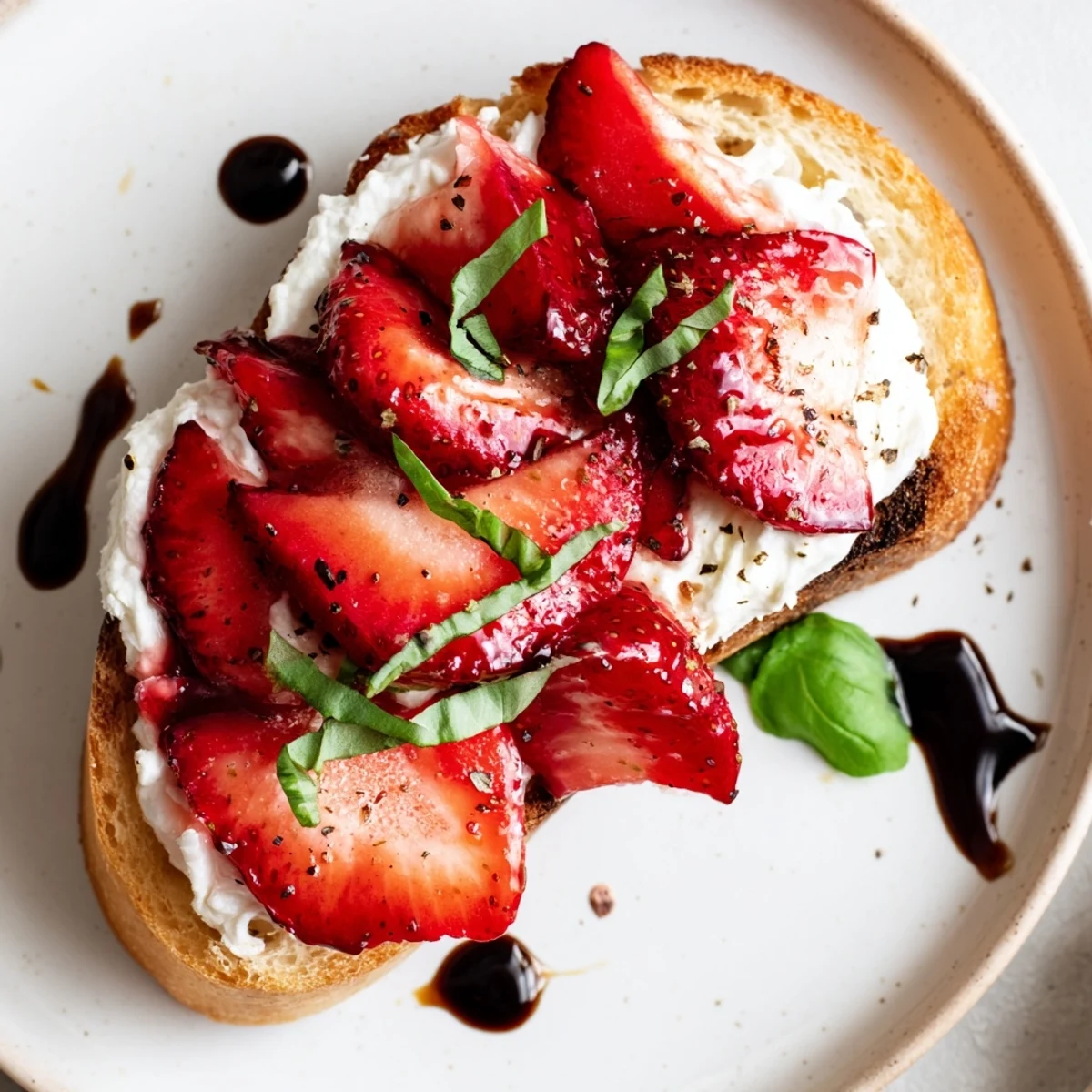 Grilled Strawberry Ricotta Bruschetta finished with honey drizzle and cracked black pepper.