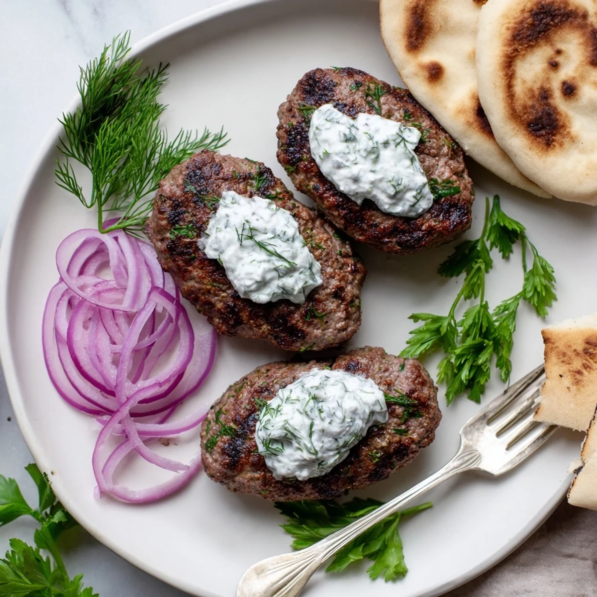 Golden brown smashed beef kebabs with crispy edges served alongside creamy cucumber yogurt sauce and fresh herbs