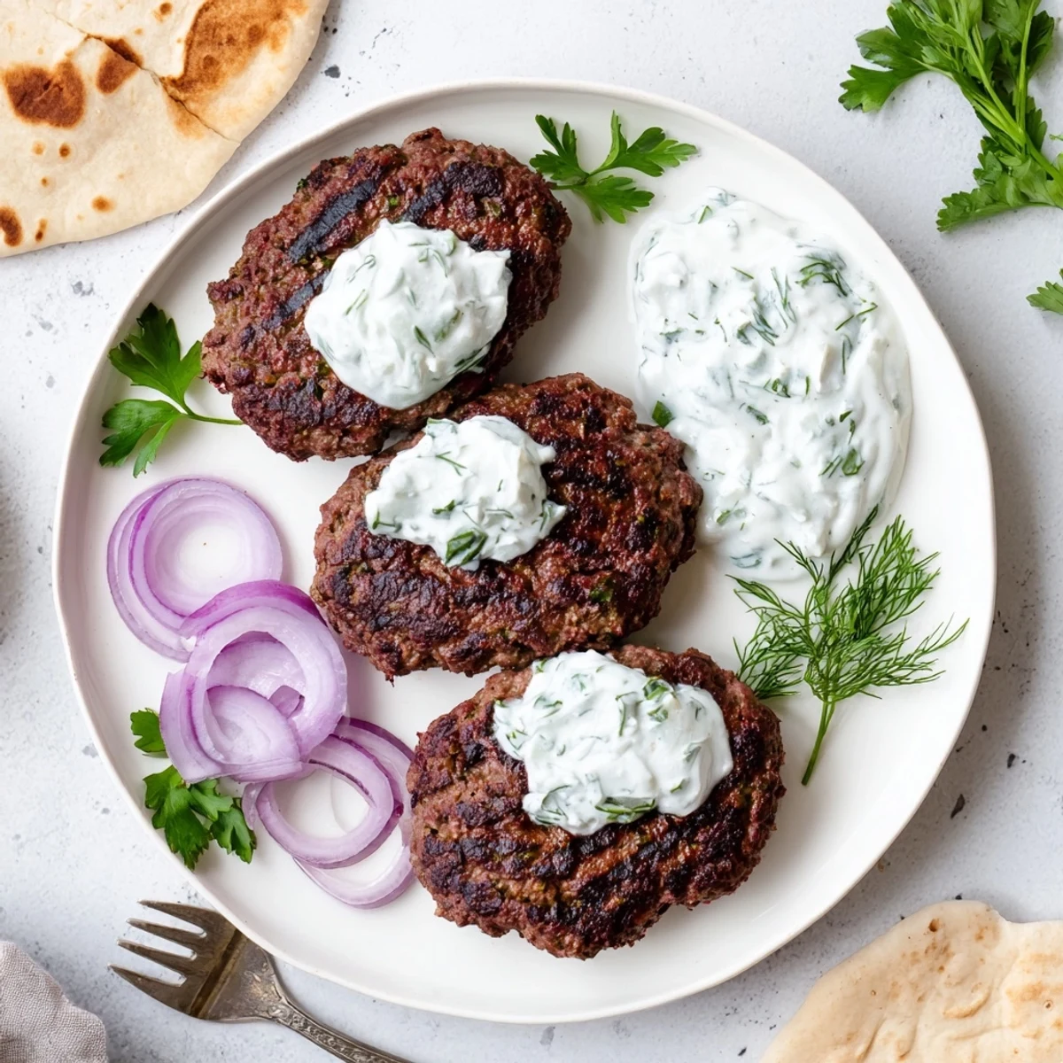 Juicy Middle Eastern-style smashed beef kebabs garnished with red onion slices and cooling cucumber yogurt dip