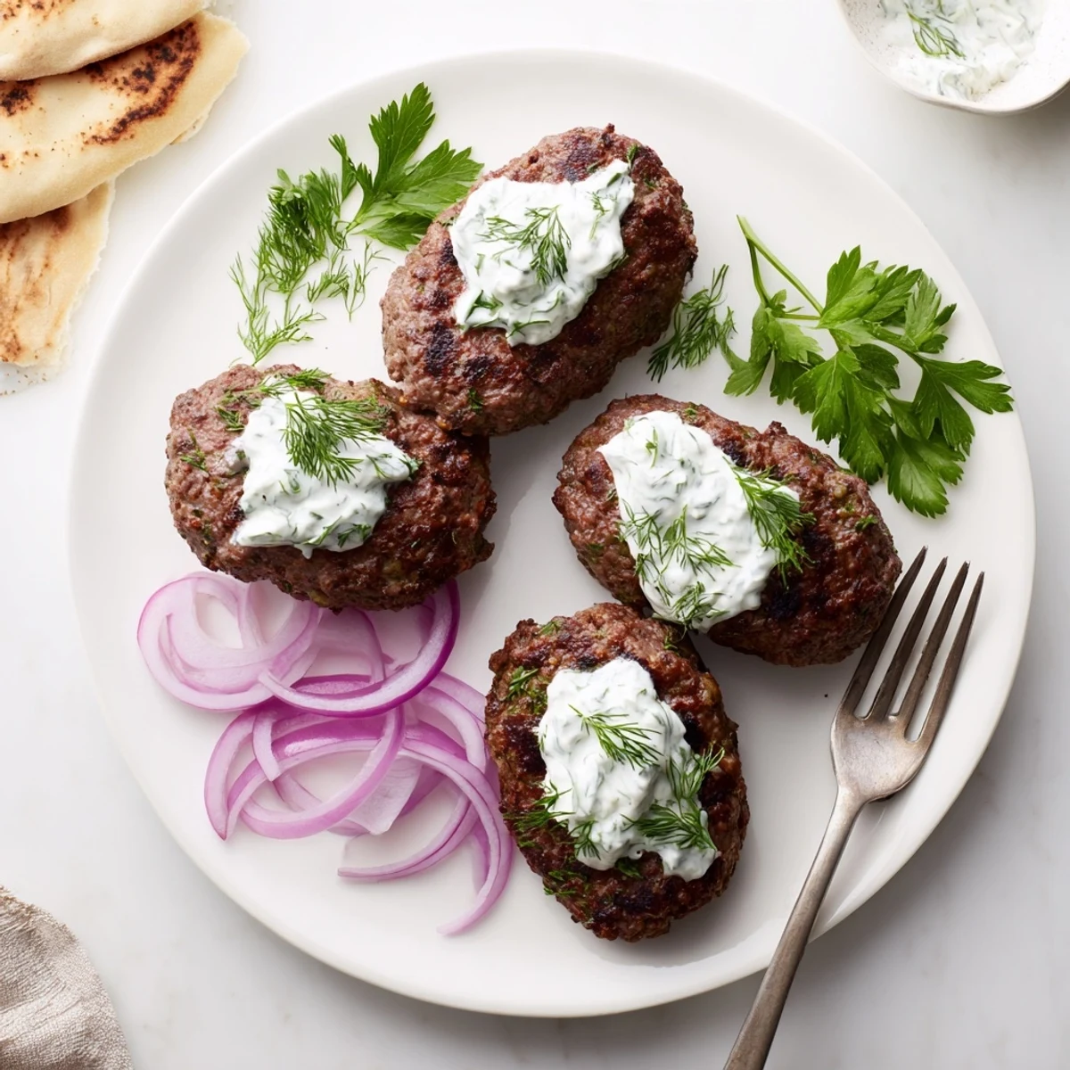 Hand-shaped smashed beef kebabs with aromatic spices paired with tangy yogurt cucumber sauce and warm flatbread