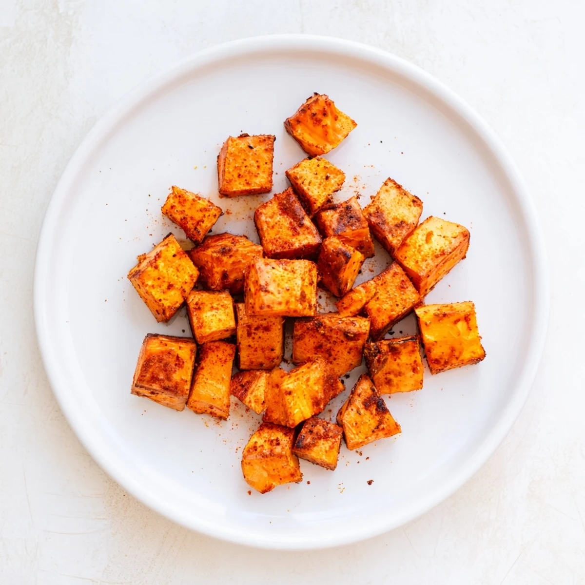 Golden brown air fryer sweet potato cubes with crispy edges and tender centers, seasoned with smoked paprika and garlic