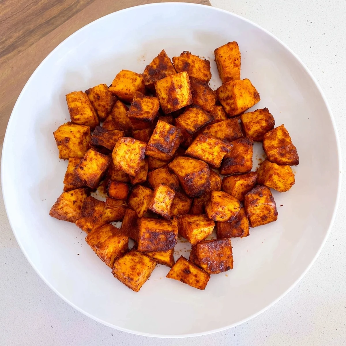 Perfectly cooked air fryer sweet potato cubes arranged in a white serving bowl, garnished with fresh herbs
