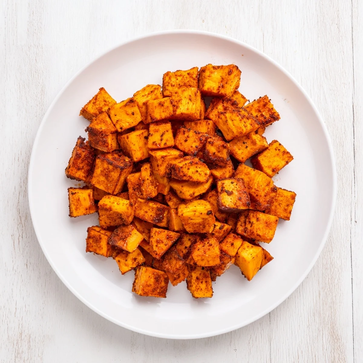 Batch of crispy air fryer sweet potato cubes spiced with paprika, served as a healthy side dish or snack