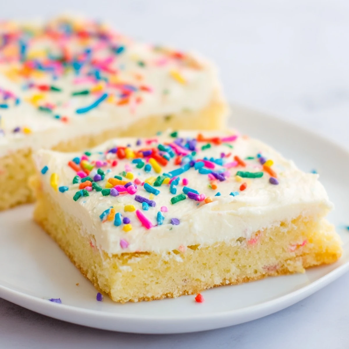 Golden frosted sugar cookie bars topped with creamy white icing and colorful rainbow sprinkles on a white plate.