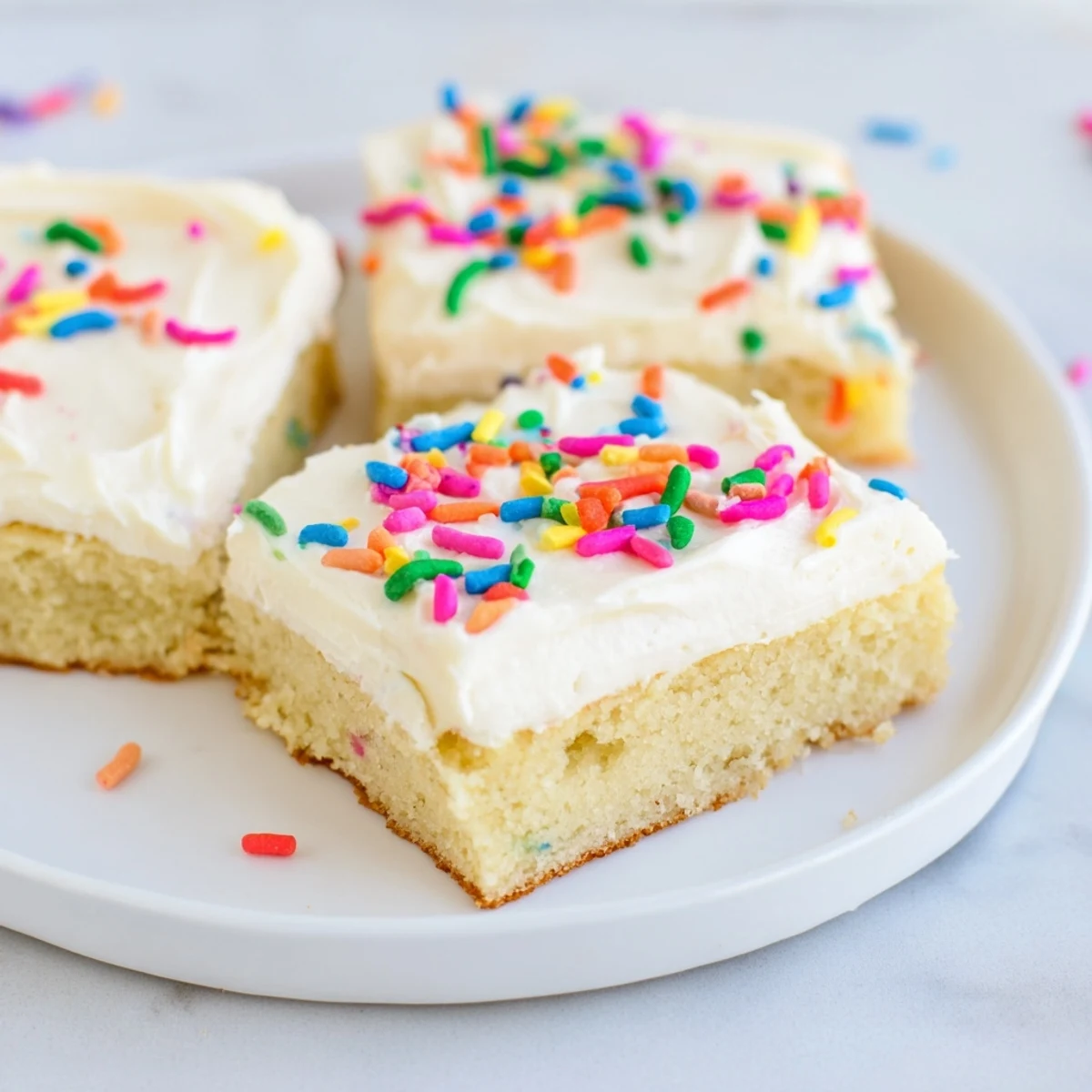 Soft buttery sugar cookie bars layered with smooth pink frosting and finished with bright confetti sprinkles for parties.