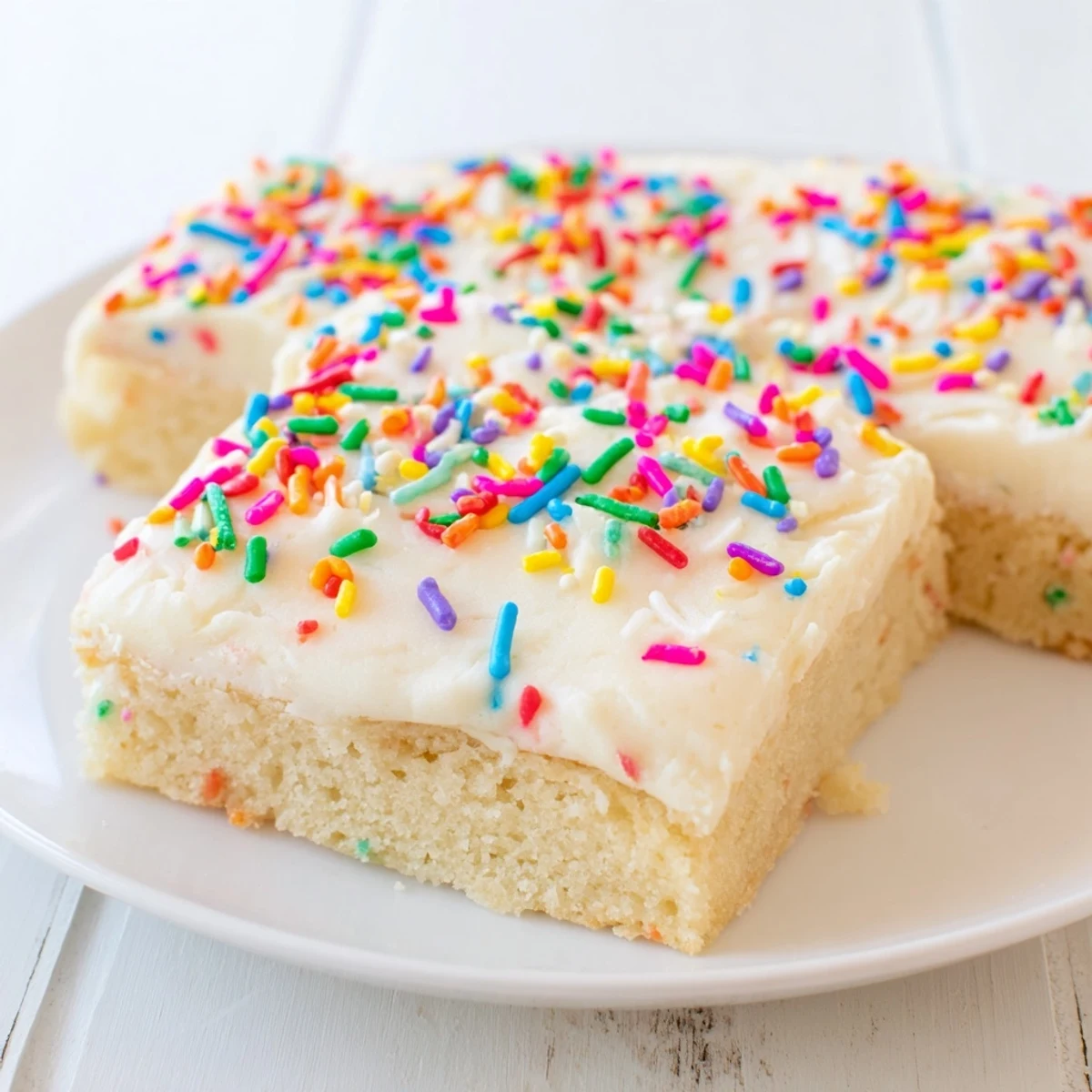 Square sugar cookie bars spread with thick blue buttercream frosting and decorated with white pearl sprinkles on a wooden board.