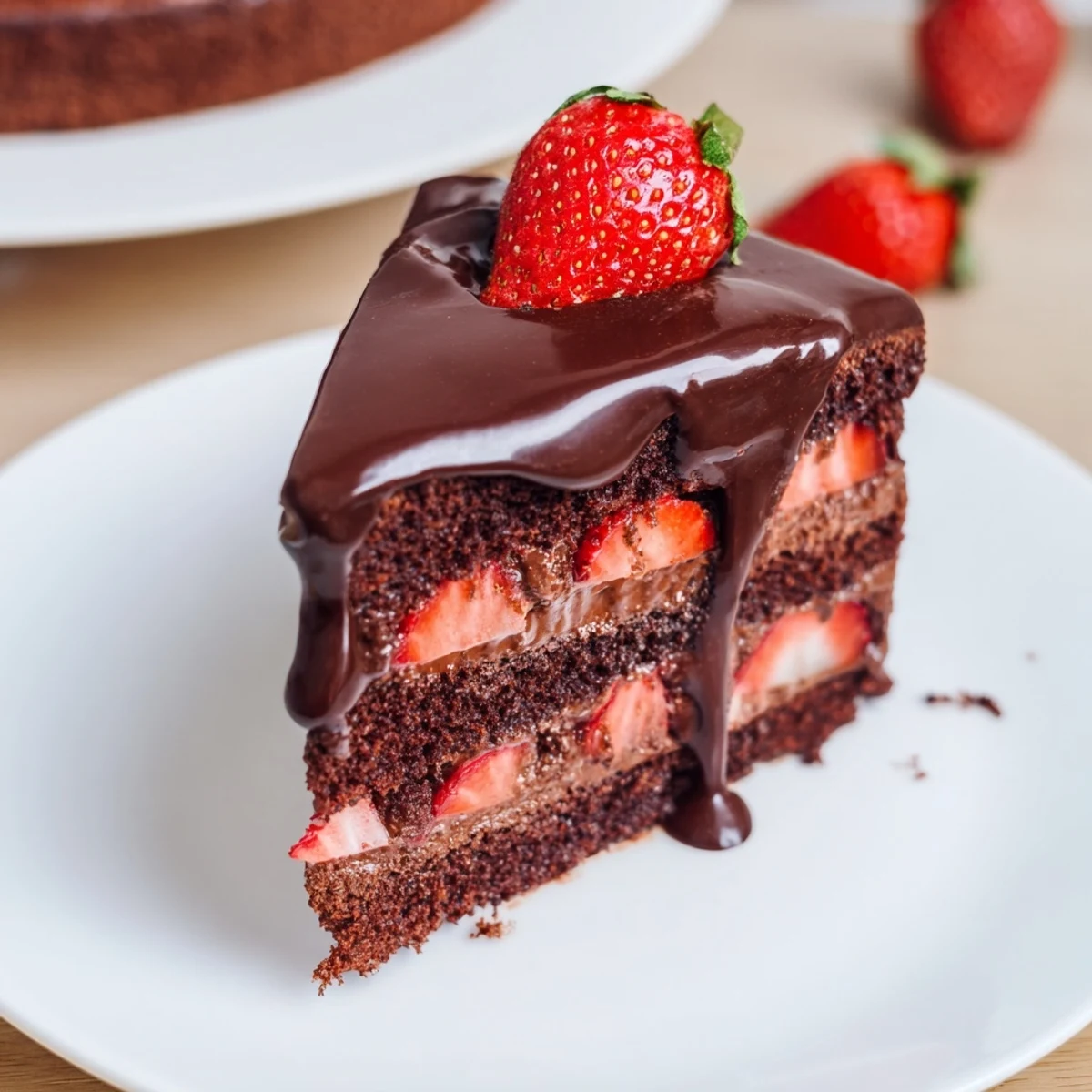Moist strawberry chocolate cake with fresh sliced berries and rich ganache dripping down sides