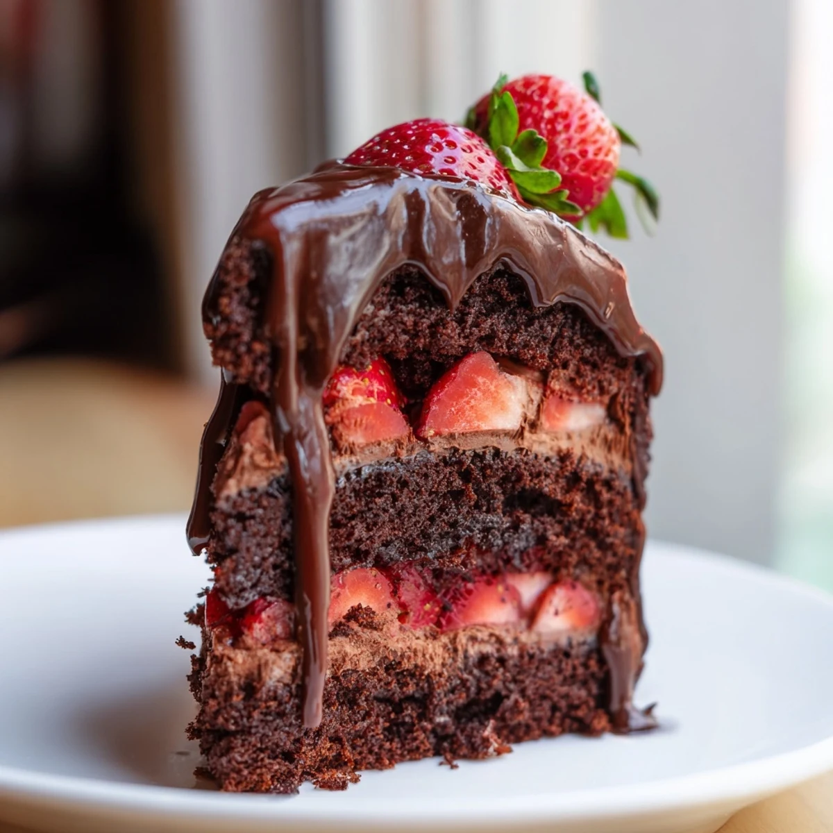 Decadent layered strawberry chocolate cake topped with macerated strawberries and glossy chocolate frosting