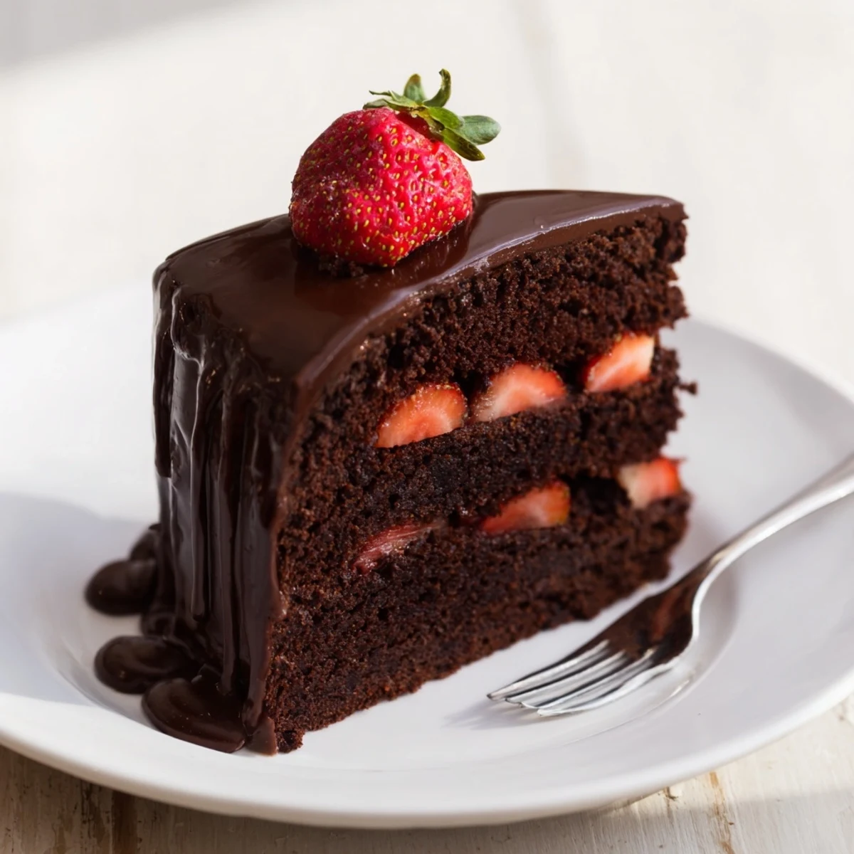 Slice of rich strawberry chocolate cake showcasing fresh strawberry filling and dark chocolate ganache glaze