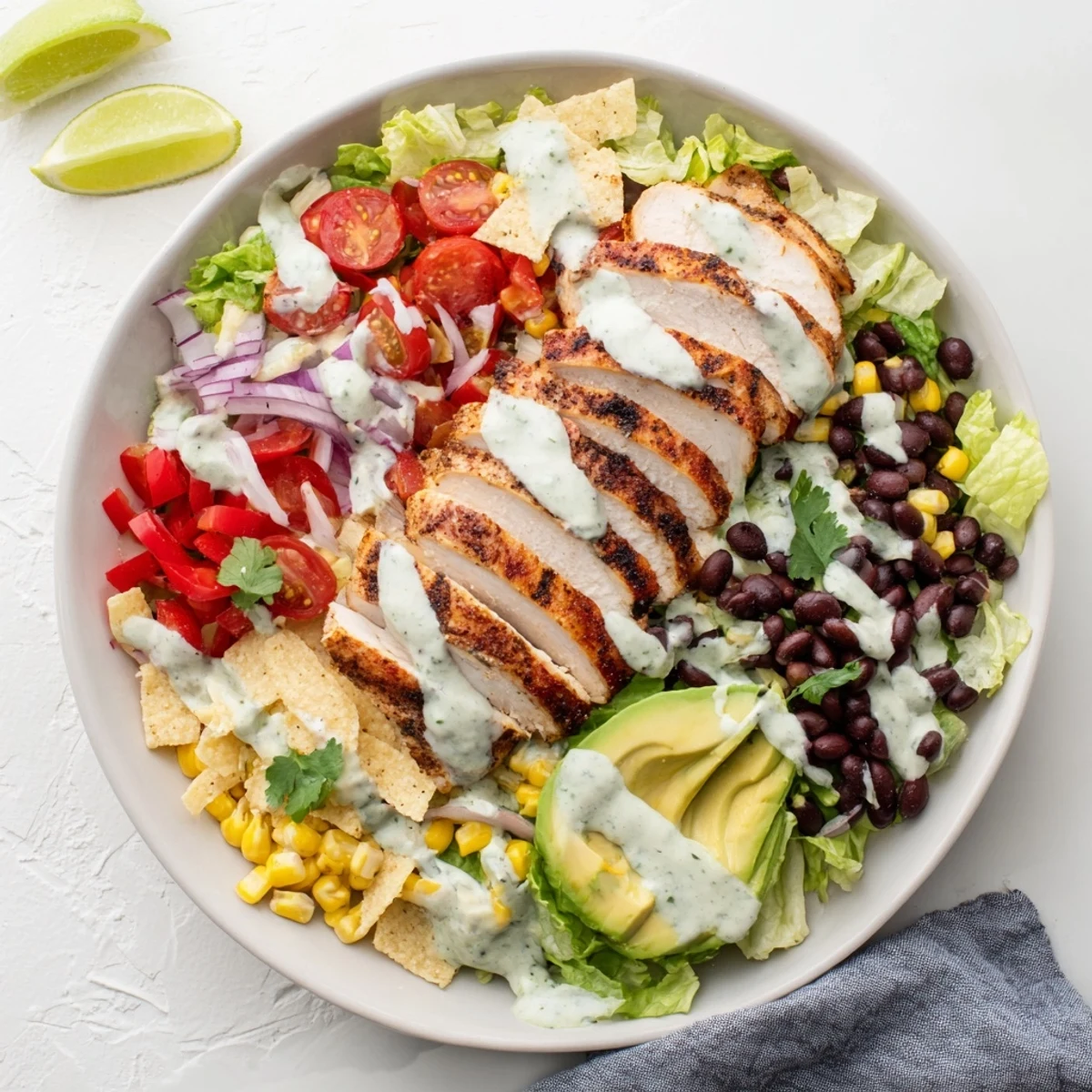 Fresh southwestern chicken salad in a white bowl featuring grilled spiced chicken, colorful vegetables, black beans, corn, and tortilla strip garnish.