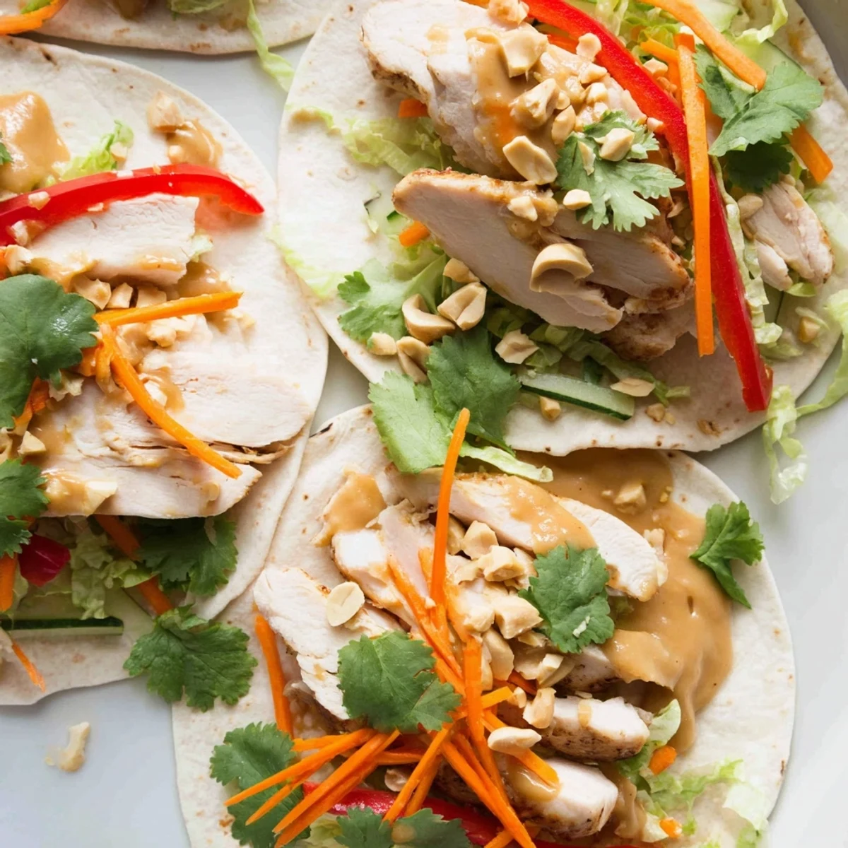 Golden sliced grilled chicken nestled in Thai peanut chicken wraps with colorful shredded vegetables and drizzled creamy peanut sauce