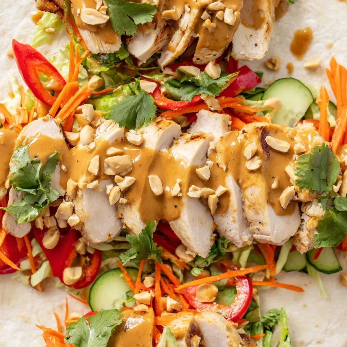Fresh Thai peanut chicken wraps revealing layers of crisp bell peppers, carrots, cucumbers, and tender marinated chicken halves