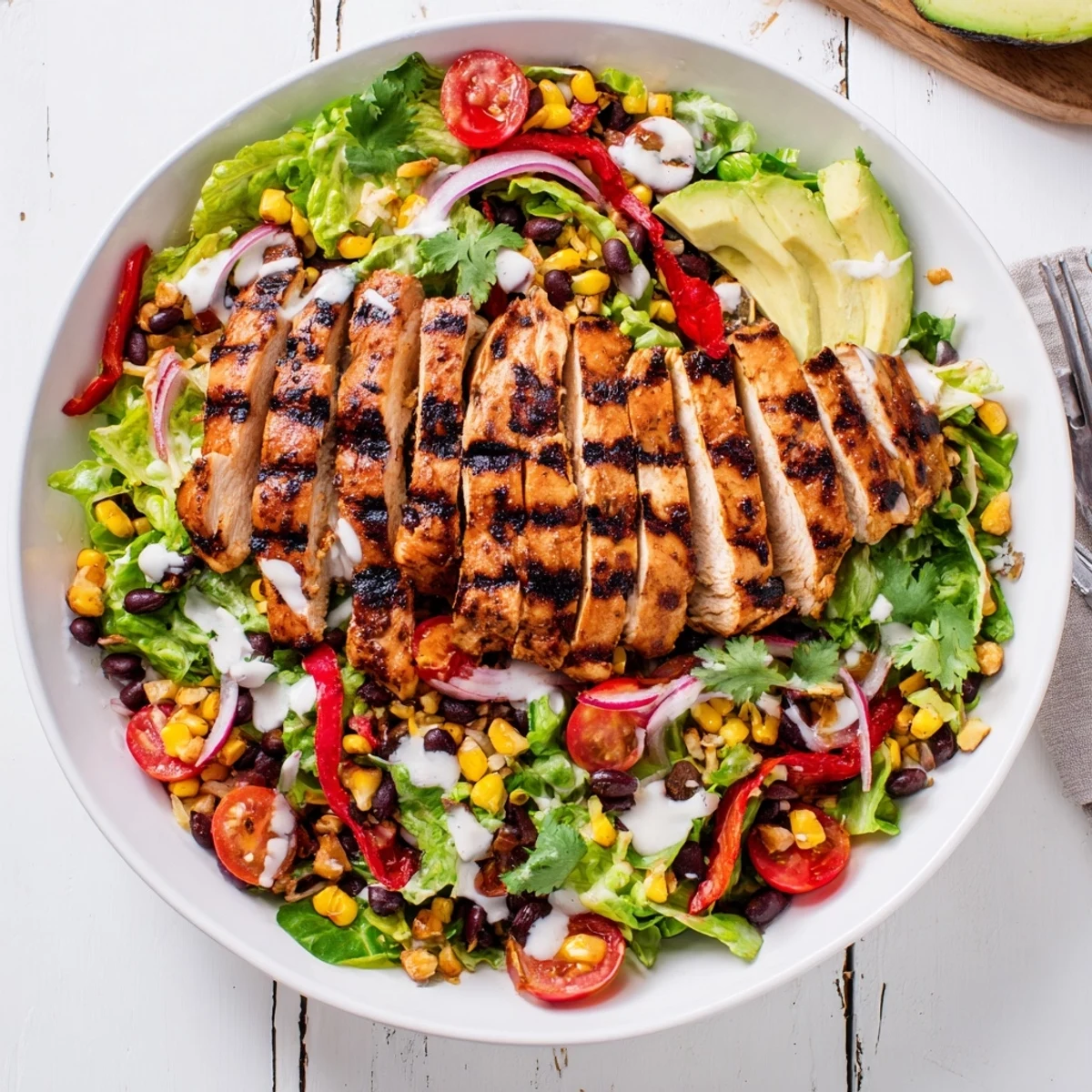 Southwestern Chicken Salad with grilled chicken, roasted corn, creamy cilantro-lime dressing