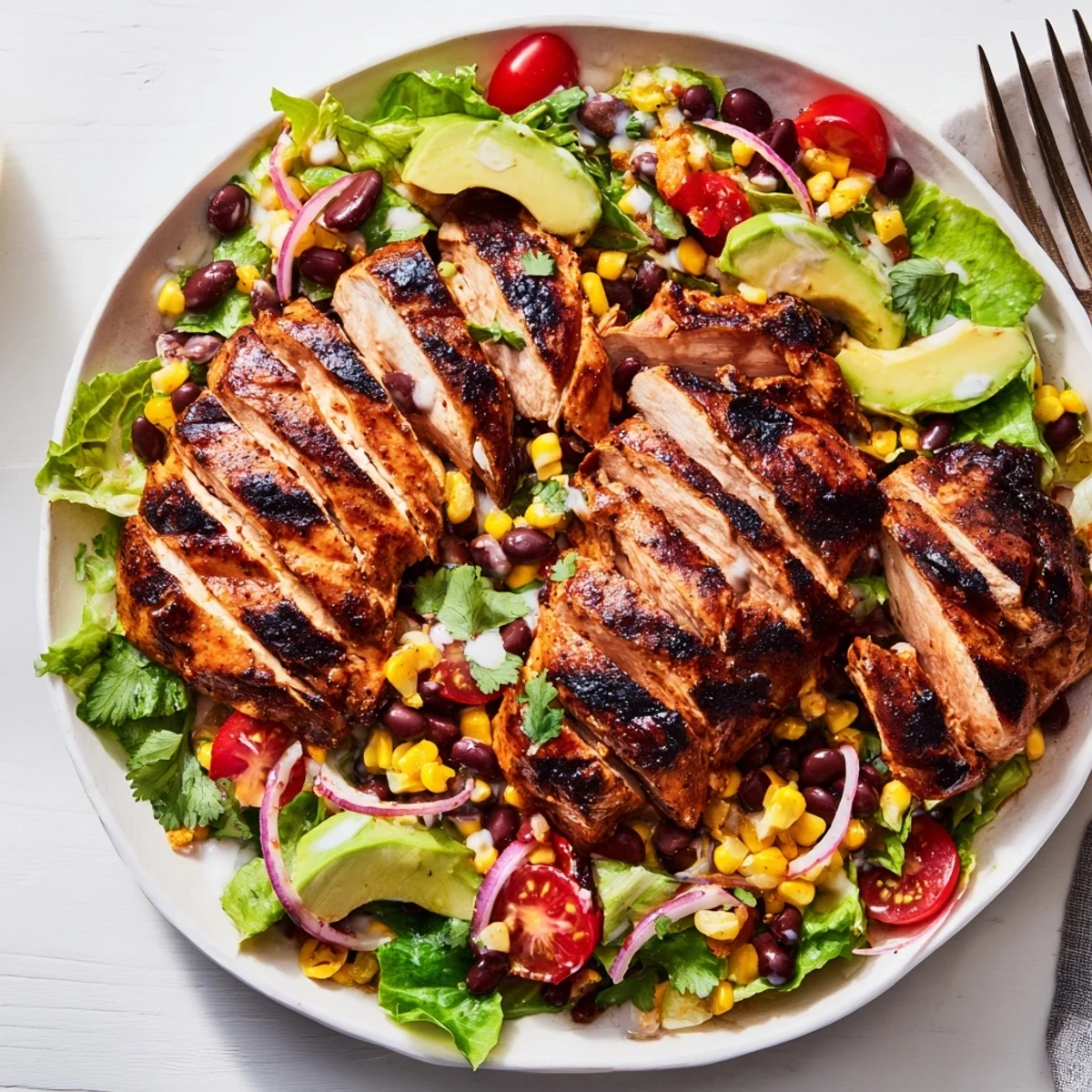 Zesty Southwestern Chicken Salad topped with sliced avocado, juicy tomatoes, crisp greens