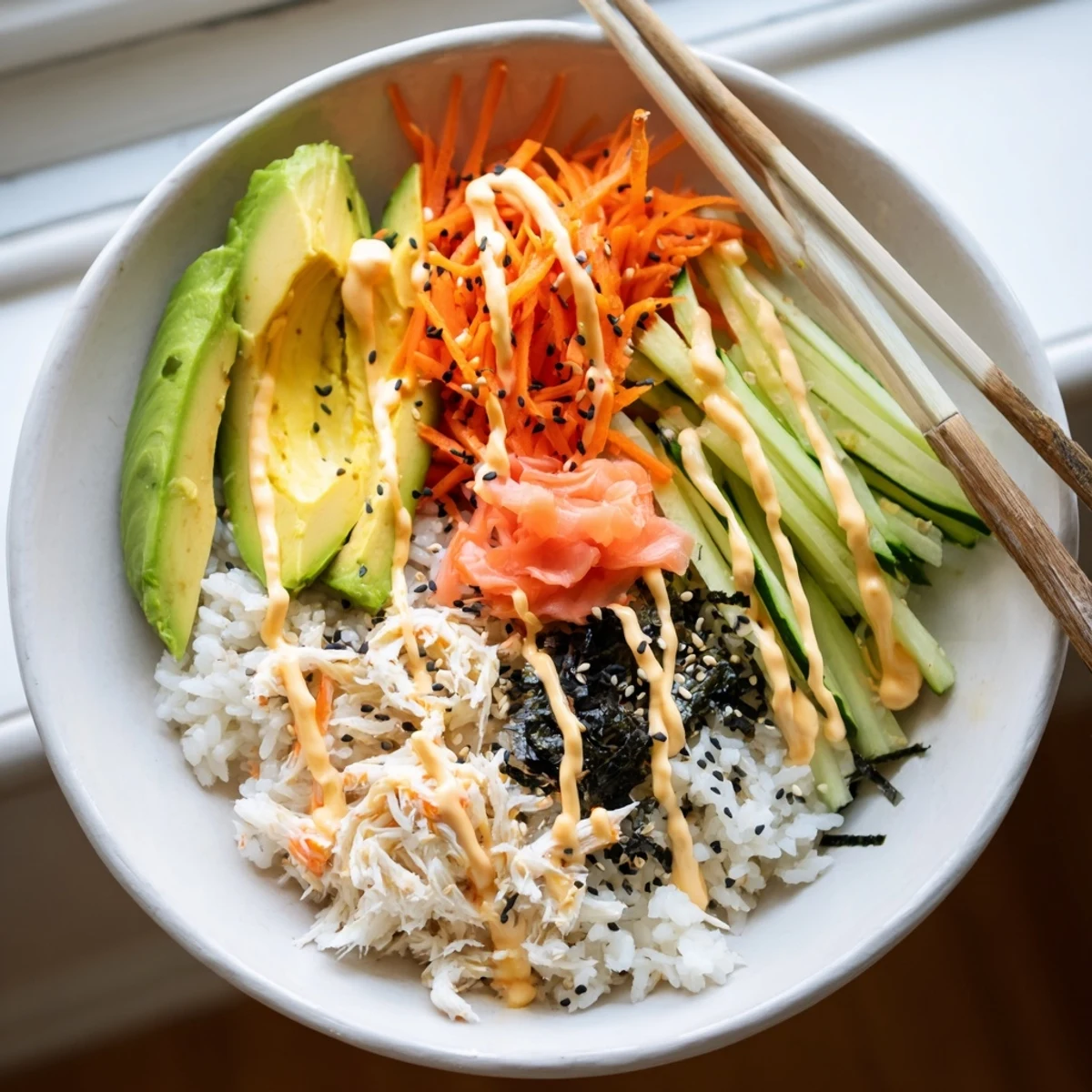 California Roll Sushi Bowls with creamy avocado, shredded crab, toasted sesame, soy drizzle